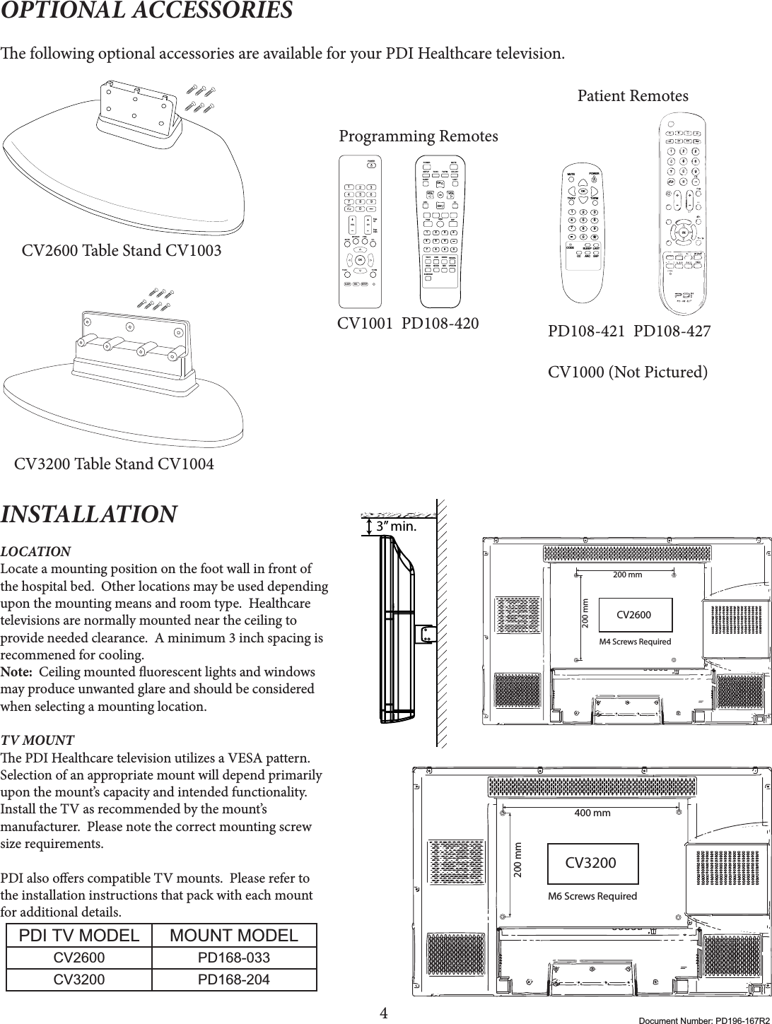 4Document Number: PD196-167R2INSTALLATIONLOCATIONLocate a mounting position on the foot wall in front of the hospital bed.  Other locations may be used depending upon the mounting means and room type.  Healthcare televisions are normally mounted near the ceiling to provide needed clearance.  A minimum 3 inch spacing is recommened for cooling.Note:  Ceiling mounted uorescent lights and windows may produce unwanted glare and should be considered when selecting a mounting location. TV MOUNTe PDI Healthcare television utilizes a VESA pattern.  Selection of an appropriate mount will depend primarily upon the mount’s capacity and intended functionality.  Install the TV as recommended by the mount’s manufacturer.  Please note the correct mounting screw size requirements.PDI also oers compatible TV mounts.  Please refer to the installation instructions that pack with each mount for additional details. PDI TV MODEL MOUNT MODELCV2600 PD168-033CV3200 PD168-204OPTIONAL ACCESSORIESe following optional accessories are available for your PDI Healthcare television.CV2600 Table Stand CV1003 Programming Remotes400 mm200 mmCV3200M6 Screws Required200 mm200 mmCV2600M4 Screws RequiredPOWERMUTEOKTV/FMTV/AV1234567890*CODE SLEEP LASTCC ARC SAPPatient RemotesPD108-421  PD108-427CV1000 (Not Pictured)  CV1001  PD108-420POWER MUTESETUP TV/AV TV/FM CH LISTSLEEP LASTOKARC CCPSM SSM SAPTEXT SIZE INDEX REVEALHOLD MODE MIX UPDATESUBPAGE1234567890*CHCHVOLVOLSLEEP ARC SETUPOKVOL CHTV/AV TV/FMMUTEMTS/SAP. PSM.CC.PageUpPageDown1234567890LASTPOWERCV3200 Table Stand CV1004 3” min.