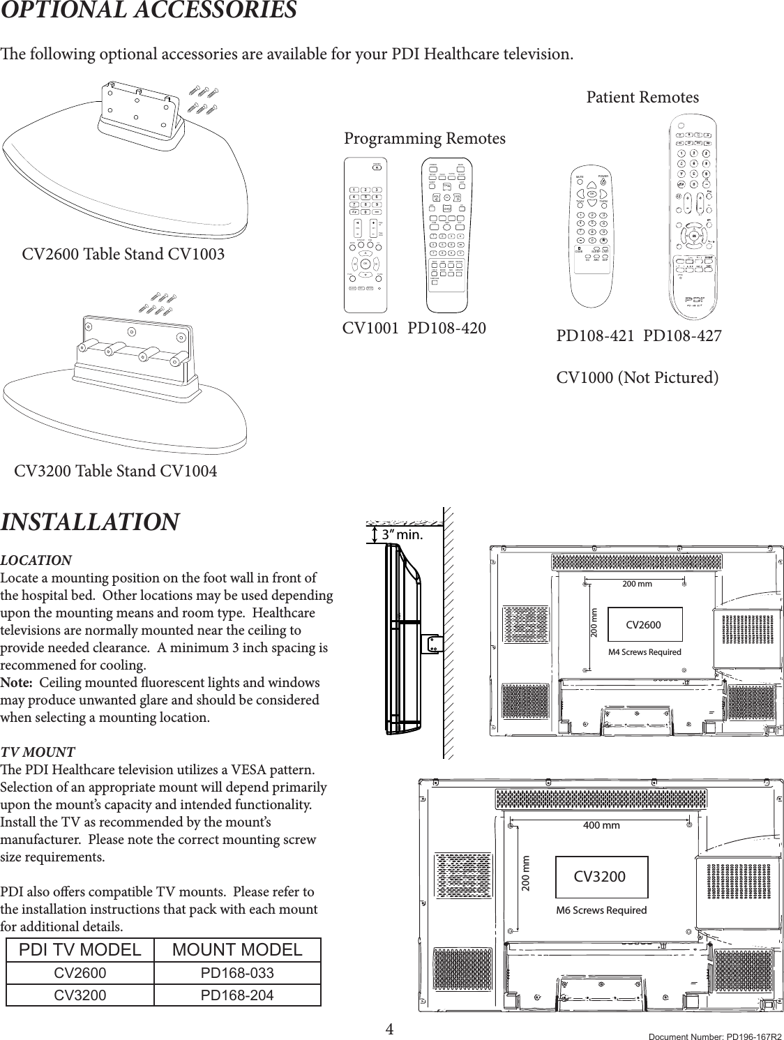 4Document Number: PD196-167R2INSTALLATIONLOCATIONLocate a mounting position on the foot wall in front of the hospital bed.  Other locations may be used depending upon the mounting means and room type.  Healthcare televisions are normally mounted near the ceiling to provide needed clearance.  A minimum 3 inch spacing is recommened for cooling.Note:  Ceiling mounted uorescent lights and windows may produce unwanted glare and should be considered when selecting a mounting location. TV MOUNTe PDI Healthcare television utilizes a VESA pattern.  Selection of an appropriate mount will depend primarily upon the mount’s capacity and intended functionality.  Install the TV as recommended by the mount’s manufacturer.  Please note the correct mounting screw size requirements.PDI also oers compatible TV mounts.  Please refer to the installation instructions that pack with each mount for additional details. PDI TV MODEL MOUNT MODELCV2600 PD168-033CV3200 PD168-204OPTIONAL ACCESSORIESe following optional accessories are available for your PDI Healthcare television.CV2600 Table Stand CV1003 Programming Remotes   400 mm200 mmCV3200M6 Screws Required   200 mm200 mmCV2600M4 Screws RequiredPOWERMUTEOKTV/FMTV/AV1234 5 67890*CODE SLEEP LASTCC ARC SAPPatient RemotesPD108-421  PD108-427CV1000 (Not Pictured)  CV1001  PD108-420POWER MUTESETUP TV/AV TV/FM CH LISTSLEEP LASTOKARC CCPSM SSM SAPTEXT SIZE INDEX REVEALHOLD MODE MIX UPDATESUBPAGE12 345678 9 0*CHCHVOLVOLSLEEPARC SETUPOKVOL CHTV/AV TV/FMMUTEMTS/SAP.PSM.CC.PageUpPageDown1234567 8 90LASTPOWERCV3200 Table Stand CV1004 3” min.