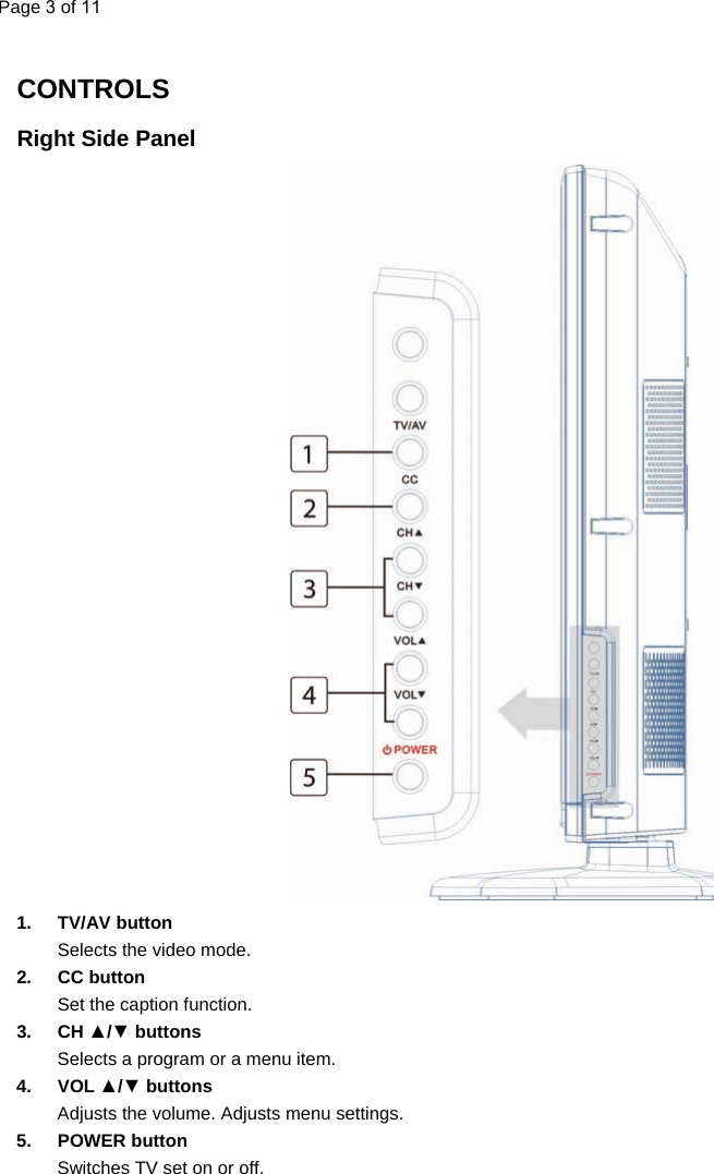   CONTROLS  Right Side Panel                                    1. TV/AV button Selects the video mode. 2. CC button Set the caption function. 3. CH ▲/▼ buttons Selects a program or a menu item. 4. VOL ▲/▼ buttons Adjusts the volume. Adjusts menu settings. 5. POWER button Switches TV set on or off.                 Page 3 of 11  