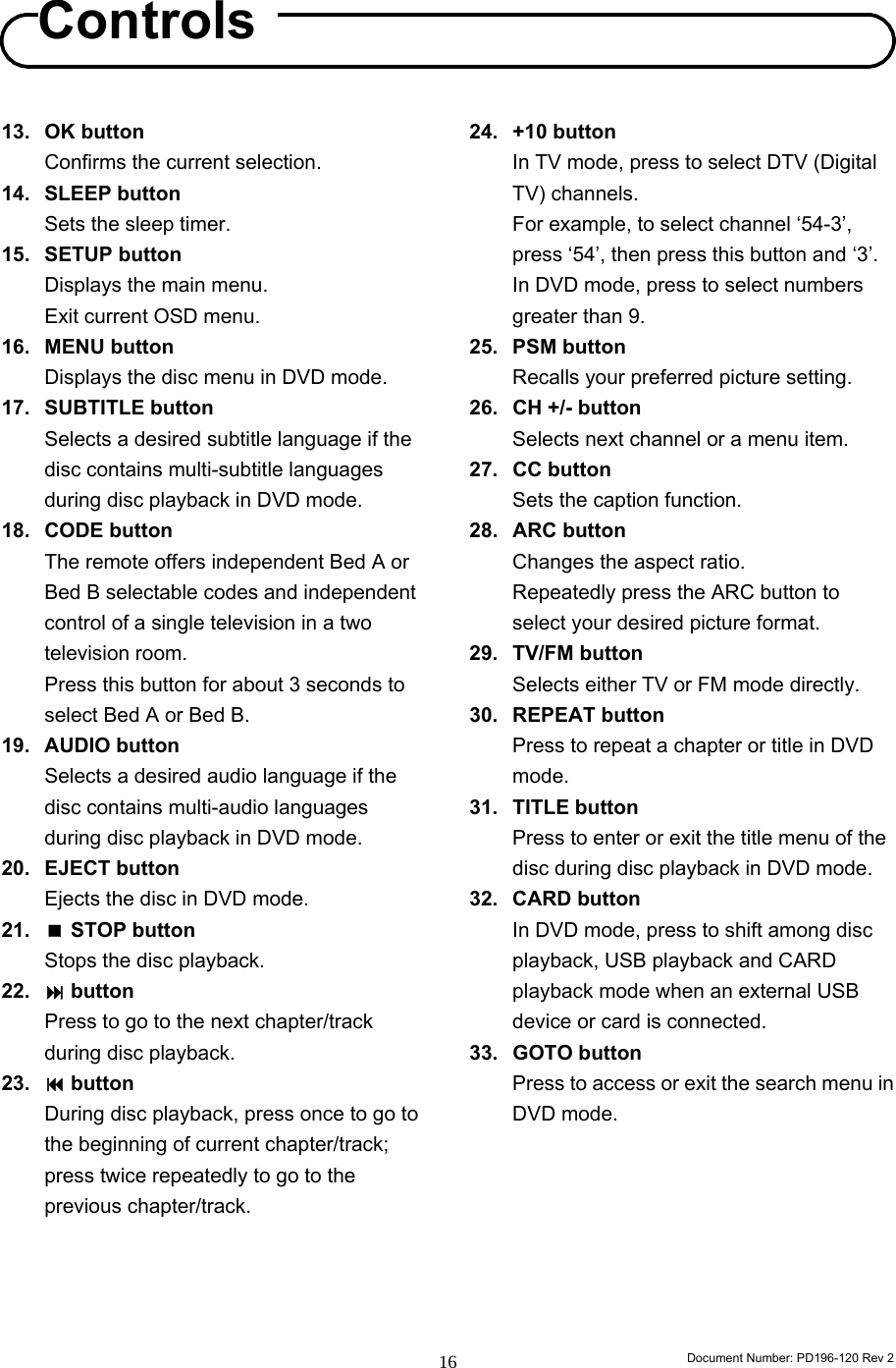                                                                        Document Number: PD196-120 Rev 2 16     13. OK button Confirms the current selection. 14. SLEEP button Sets the sleep timer. 15. SETUP button Displays the main menu. Exit current OSD menu. 16. MENU button Displays the disc menu in DVD mode. 17. SUBTITLE button Selects a desired subtitle language if the disc contains multi-subtitle languages during disc playback in DVD mode. 18. CODE button The remote offers independent Bed A or Bed B selectable codes and independent control of a single television in a two television room. Press this button for about 3 seconds to select Bed A or Bed B. 19. AUDIO button Selects a desired audio language if the disc contains multi-audio languages during disc playback in DVD mode. 20. EJECT button Ejects the disc in DVD mode. 21.   STOP button Stops the disc playback.   22.   button   Press to go to the next chapter/track during disc playback. 23.   button During disc playback, press once to go to the beginning of current chapter/track; press twice repeatedly to go to the previous chapter/track.     24. +10 button In TV mode, press to select DTV (Digital TV) channels. For example, to select channel ‘54-3’, press ‘54’, then press this button and ‘3’.   In DVD mode, press to select numbers greater than 9. 25. PSM button Recalls your preferred picture setting. 26. CH +/- button Selects next channel or a menu item. 27. CC button Sets the caption function. 28. ARC button Changes the aspect ratio. Repeatedly press the ARC button to select your desired picture format. 29. TV/FM button  Selects either TV or FM mode directly.   30. REPEAT button Press to repeat a chapter or title in DVD mode. 31. TITLE button Press to enter or exit the title menu of the disc during disc playback in DVD mode. 32. CARD button In DVD mode, press to shift among disc playback, USB playback and CARD playback mode when an external USB device or card is connected. 33. GOTO button Press to access or exit the search menu in DVD mode.        Controls