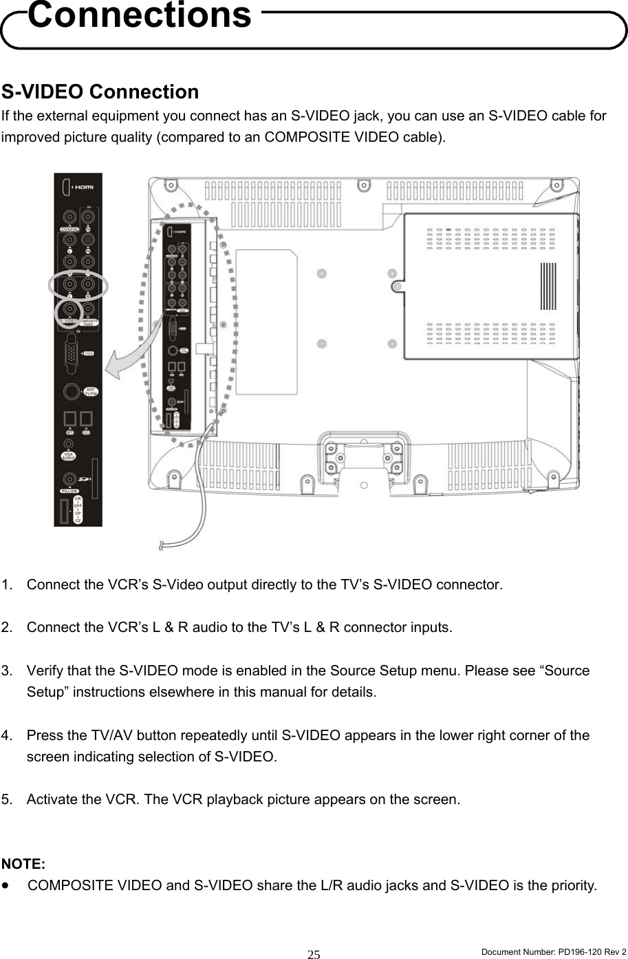                                                                        Document Number: PD196-120 Rev 2 25     S-VIDEO Connection If the external equipment you connect has an S-VIDEO jack, you can use an S-VIDEO cable for improved picture quality (compared to an COMPOSITE VIDEO cable).                     1.  Connect the VCR’s S-Video output directly to the TV’s S-VIDEO connector.  2.  Connect the VCR’s L &amp; R audio to the TV’s L &amp; R connector inputs.  3.  Verify that the S-VIDEO mode is enabled in the Source Setup menu. Please see “Source Setup” instructions elsewhere in this manual for details.  4.  Press the TV/AV button repeatedly until S-VIDEO appears in the lower right corner of the screen indicating selection of S-VIDEO.      5.  Activate the VCR. The VCR playback picture appears on the screen.   NOTE:  • COMPOSITE VIDEO and S-VIDEO share the L/R audio jacks and S-VIDEO is the priority.   Connections 