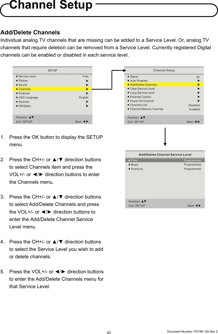                                                                        Document Number: PD196-120 Rev 2 41     Add/Delete Channels Individual analog TV channels that are missing can be added to a Service Level. Or, analog TV channels that require deletion can be removed from a Service Level. Currently registered Digital channels can be enabled or disabled in each service level.           1.  Press the OK button to display the SETUP menu.  2.  Press the CH+/- or ▲/▼ direction buttons to select Channels item and press the VOL+/- or ◄/► direction buttons to enter the Channels menu.  3.  Press the CH+/- or ▲/▼ direction buttons to select Add/Delete Channels and press the VOL+/- or ◄/► direction buttons to enter the Add/Delete Channel Service Level menu.  4.  Press the CH+/- or ▲/▼ direction buttons to select the Service Level you wish to add or delete channels.  5.  Press the VOL+/- or ◄/► direction buttons to enter the Add/Delete Channels menu for that Service Level.                               Channel Setup 