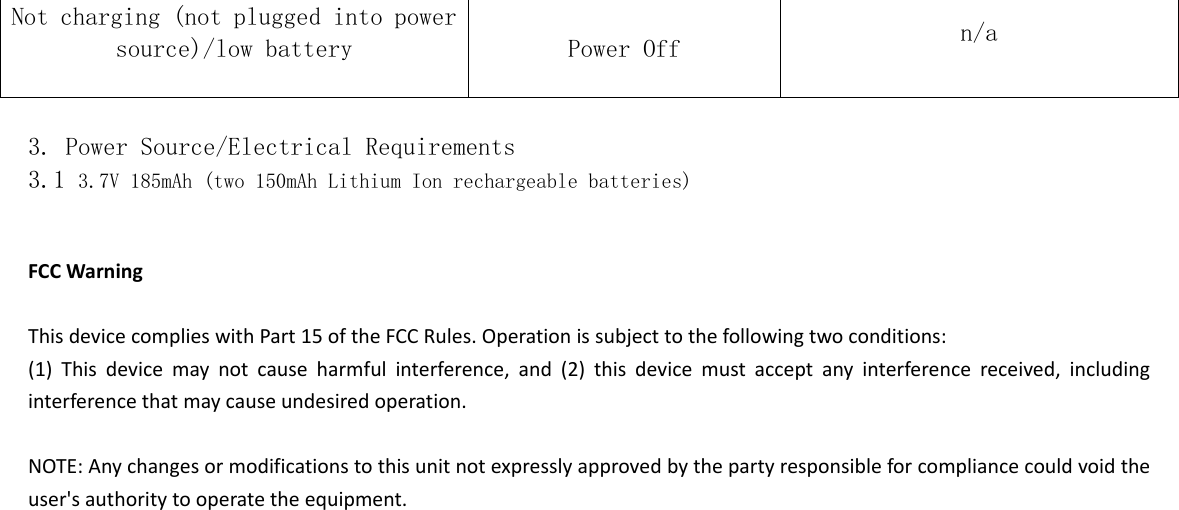 Not charging (not plugged into power source)/low battery  Power Off  n/a   3. Power Source/Electrical Requirements 3.1 3.7V 185mAh (two 150mAh Lithium Ion rechargeable batteries)  FCCWarningThisdevicecomplieswithPart15oftheFCCRules.Operationissubjecttothefollowingtwoconditions:(1)Thisdevicemaynotcauseharmfulinterference,and(2)thisdevicemustacceptanyinterferencereceived,includinginterferencethatmaycauseundesiredoperation.NOTE:Anychangesormodificationstothisunitnotexpresslyapprovedbythepartyresponsibleforcompliancecouldvoidtheuser&apos;sauthoritytooperatetheequipment. 