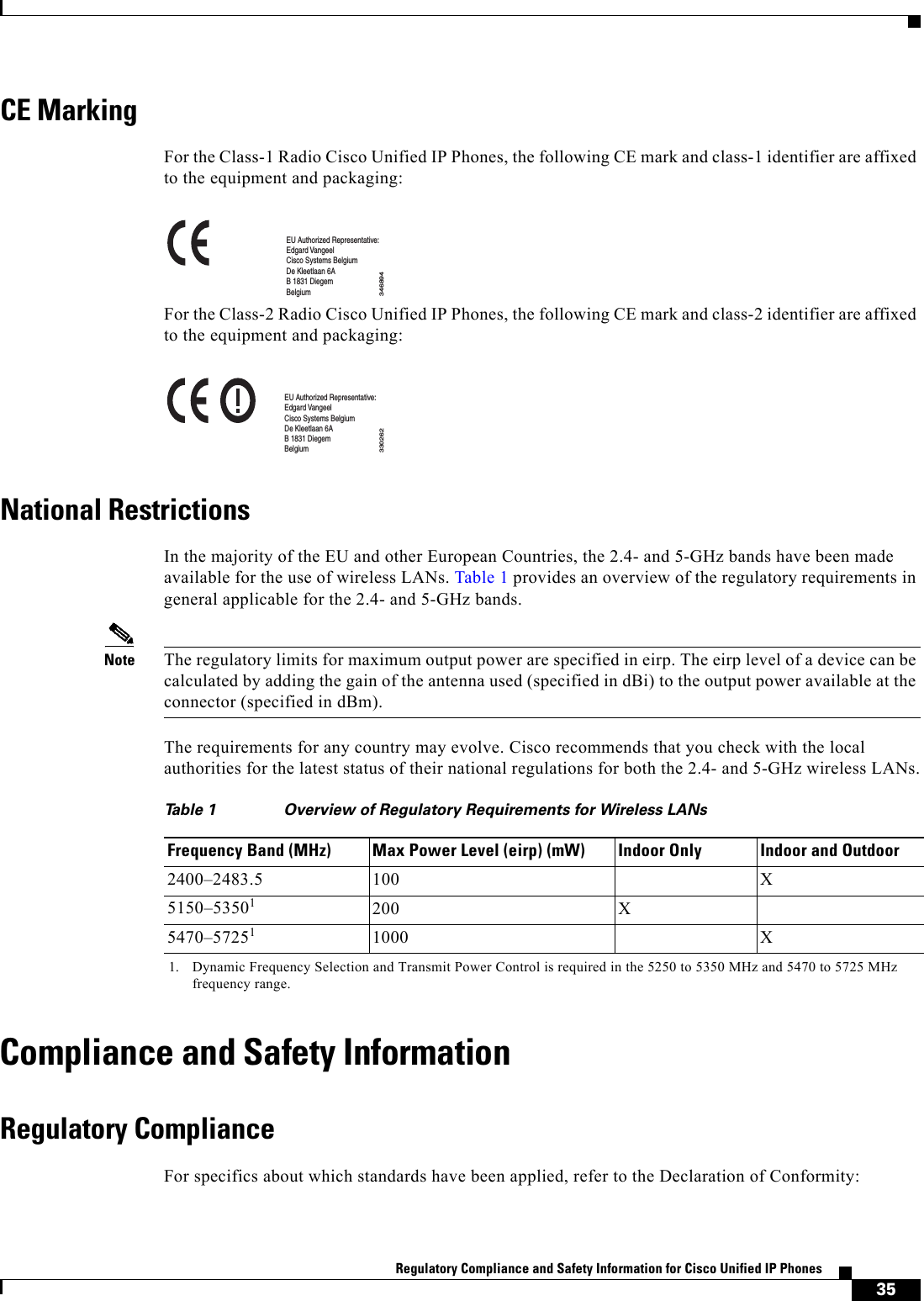  35Regulatory Compliance and Safety Information for Cisco Unified IP Phones CE MarkingFor the Class-1 Radio Cisco Unified IP Phones, the following CE mark and class-1 identifier are affixed to the equipment and packaging:For the Class-2 Radio Cisco Unified IP Phones, the following CE mark and class-2 identifier are affixed to the equipment and packaging:National RestrictionsIn the majority of the EU and other European Countries, the 2.4- and 5-GHz bands have been made available for the use of wireless LANs. Table 1 provides an overview of the regulatory requirements in general applicable for the 2.4- and 5-GHz bands.Note The regulatory limits for maximum output power are specified in eirp. The eirp level of a device can be calculated by adding the gain of the antenna used (specified in dBi) to the output power available at the connector (specified in dBm).The requirements for any country may evolve. Cisco recommends that you check with the local authorities for the latest status of their national regulations for both the 2.4- and 5-GHz wireless LANs.Compliance and Safety InformationRegulatory ComplianceFor specifics about which standards have been applied, refer to the Declaration of Conformity:346894EU Authorized Representative:Edgard VangeelCisco Systems BelgiumDe Kleetlaan 6AB 1831 DiegemBelgium330262EU Authorized Representative:Edgard VangeelCisco Systems BelgiumDe Kleetlaan 6AB 1831 DiegemBelgiumTable 1 Overview of Regulatory Requirements for Wireless LANsFrequency Band (MHz) Max Power Level (eirp) (mW) Indoor Only Indoor and Outdoor2400–2483.5 100 X5150–535011. Dynamic Frequency Selection and Transmit Power Control is required in the 5250 to 5350 MHz and 5470 to 5725 MHz frequency range.200 X5470–572511000 X