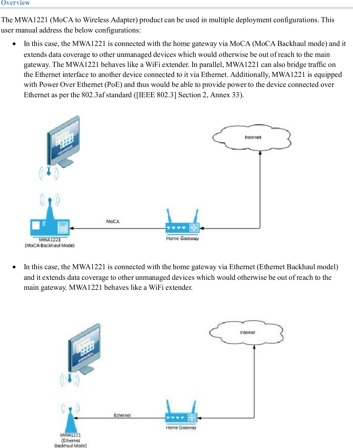    Overview  The MWA1221 (MoCA to Wireless Adapter) product can be used in multiple deployment configurations. This user manual address the below configurations:  In this case, the MWA1221 is connected with the home gateway via MoCA (MoCA Backhaul mode) and it extends data coverage to other unmanaged devices which would otherwise be out of reach to the main gateway. The MWA1221 behaves like a WiFi extender. In parallel, MWA1221 can also bridge traffic on the Ethernet interface to another device connected to it via Ethernet. Additionally, MWA1221 is equipped with Power Over Ethernet (PoE) and thus would be able to provide power to the device connected over Ethernet as per the 802.3af standard ([IEEE 802.3] Section 2, Annex 33).                       In this case, the MWA1221 is connected with the home gateway via Ethernet (Ethernet Backhaul model) and it extends data coverage to other unmanaged devices which would otherwise be out of reach to the main gateway. MWA1221 behaves like a WiFi extender.