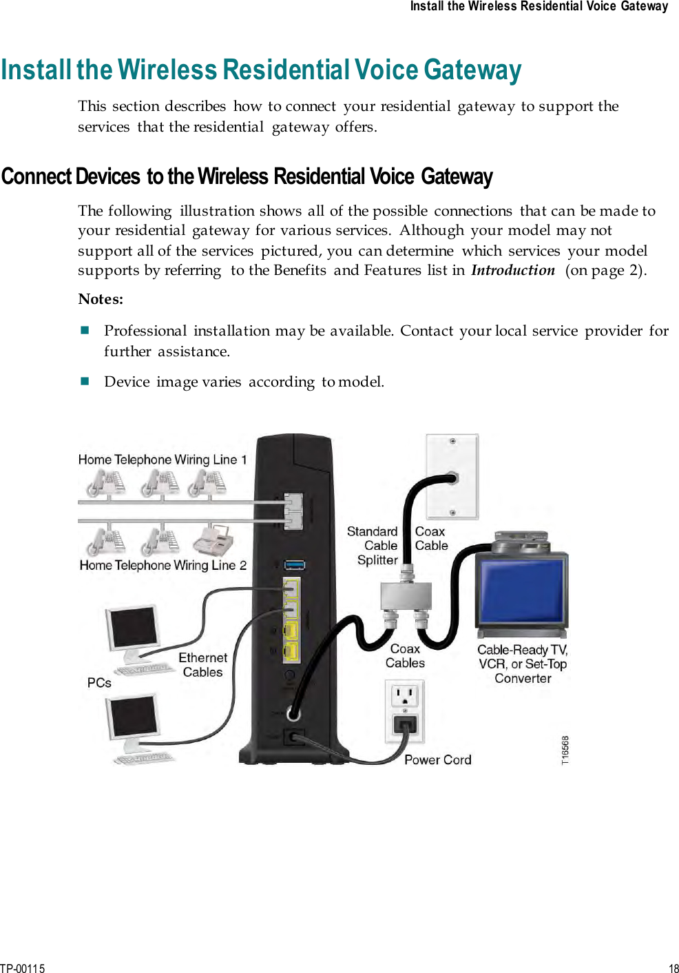 Install the Wireless Residential Voice Gateway TP-00115  18 Install the Wireless Residential Voice Gateway This section describes  how to connect  your residential  gateway to support the services  that the residential  gateway offers.  Connect Devices to the Wireless Residential Voice Gateway The following  illustration shows  all of the possible  connections  that can be made to your residential  gateway for various services.  Although  your model may not support all of the  services  pictured, you  can determine  which  services  your model supports by referring  to the Benefits  and Features list in  Introduction  (on page  2). Notes:  Professional  installation may be available. Contact your local service  provider  for further  assistance.  Device  image varies  according  to model. 