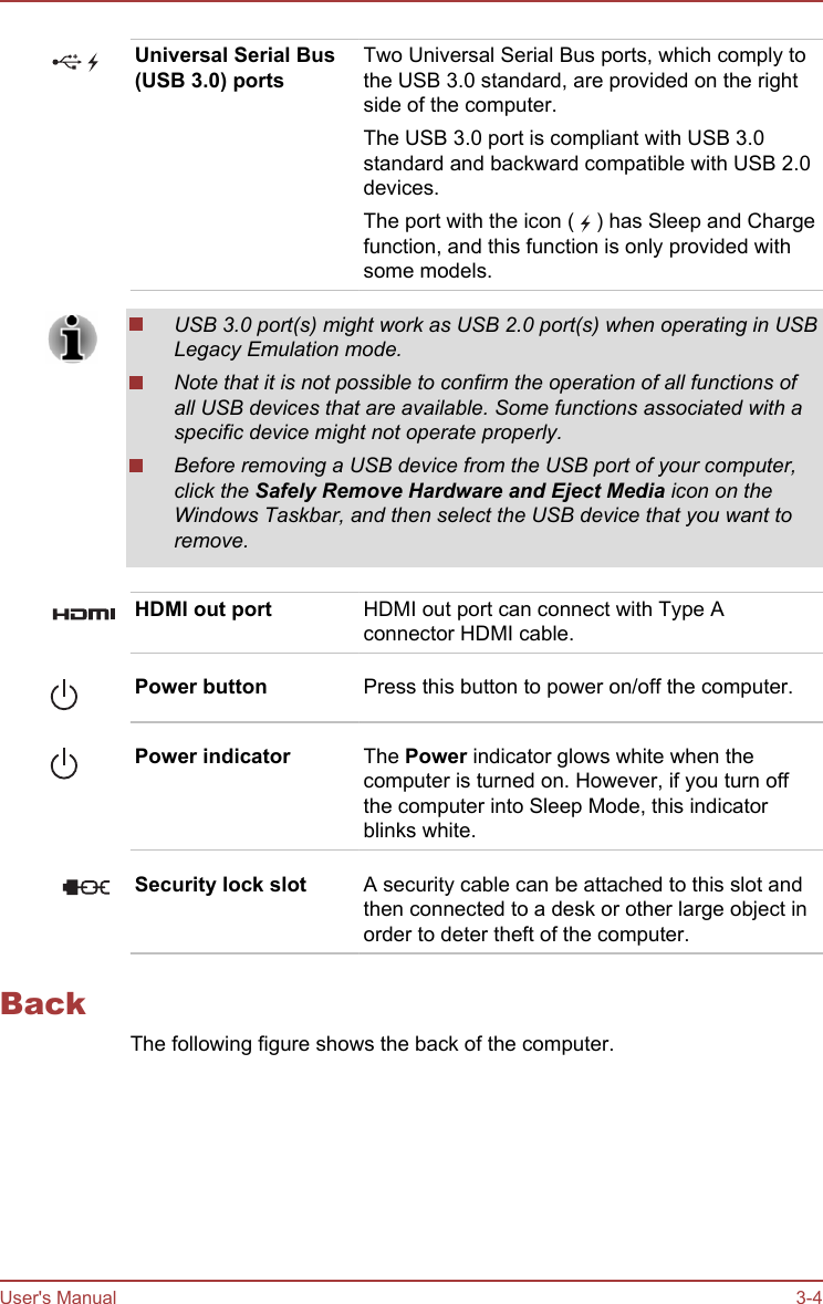 Universal Serial Bus(USB 3.0) portsTwo Universal Serial Bus ports, which comply tothe USB 3.0 standard, are provided on the rightside of the computer.The USB 3.0 port is compliant with USB 3.0standard and backward compatible with USB 2.0devices.The port with the icon (   ) has Sleep and Chargefunction, and this function is only provided withsome models.USB 3.0 port(s) might work as USB 2.0 port(s) when operating in USBLegacy Emulation mode.Note that it is not possible to confirm the operation of all functions ofall USB devices that are available. Some functions associated with aspecific device might not operate properly.Before removing a USB device from the USB port of your computer,click the Safely Remove Hardware and Eject Media icon on theWindows Taskbar, and then select the USB device that you want toremove.HDMI out port HDMI out port can connect with Type Aconnector HDMI cable.Power button Press this button to power on/off the computer.Power indicator The Power indicator glows white when thecomputer is turned on. However, if you turn offthe computer into Sleep Mode, this indicatorblinks white.Security lock slot A security cable can be attached to this slot andthen connected to a desk or other large object inorder to deter theft of the computer.BackThe following figure shows the back of the computer.User&apos;s Manual 3-4