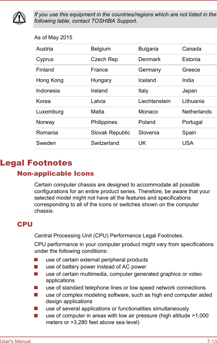 If you use this equipment in the countries/regions which are not listed in thefollowing table, contact TOSHIBA Support.As of May 2015Austria Belgium Bulgaria CanadaCyprus Czech Rep Denmark EstoniaFinland France Germany GreeceHong Kong Hungary Iceland IndiaIndonesia Ireland Italy JapanKorea Latvia Liechtenstein LithuaniaLuxemburg Malta Monaco NetherlandsNorway Philippines Poland PortugalRomania Slovak Republic Slovenia SpainSweden Switzerland UK USALegal FootnotesNon-applicable IconsCertain computer chassis are designed to accommodate all possibleconfigurations for an entire product series. Therefore, be aware that yourselected model might not have all the features and specificationscorresponding to all of the icons or switches shown on the computerchassis.CPUCentral Processing Unit (CPU) Performance Legal Footnotes.CPU performance in your computer product might vary from specificationsunder the following conditions:use of certain external peripheral productsuse of battery power instead of AC poweruse of certain multimedia, computer generated graphics or videoapplicationsuse of standard telephone lines or low speed network connectionsuse of complex modeling software, such as high end computer aideddesign applicationsuse of several applications or functionalities simultaneouslyuse of computer in areas with low air pressure (high altitude &gt;1,000meters or &gt;3,280 feet above sea level)User&apos;s Manual 7-13