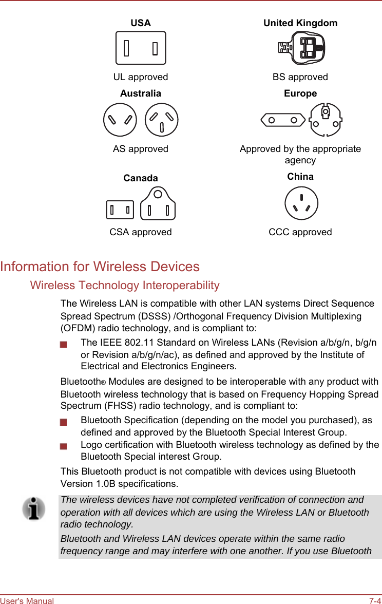        USA     UL approved Australia     AS approved  Canada     CSA approved   United Kingdom     BS approved Europe     Approved by the appropriate agency China     CCC approved  Information for Wireless Devices Wireless Technology Interoperability The Wireless LAN is compatible with other LAN systems Direct Sequence Spread Spectrum (DSSS) /Orthogonal Frequency Division Multiplexing (OFDM) radio technology, and is compliant to: The IEEE 802.11 Standard on Wireless LANs (Revision a/b/g/n, b/g/n or Revision a/b/g/n/ac), as defined and approved by the Institute of Electrical and Electronics Engineers. Bluetooth® Modules are designed to be interoperable with any product with Bluetooth wireless technology that is based on Frequency Hopping Spread Spectrum (FHSS) radio technology, and is compliant to: Bluetooth Specification (depending on the model you purchased), as defined and approved by the Bluetooth Special Interest Group. Logo certification with Bluetooth wireless technology as defined by the Bluetooth Special interest Group. This Bluetooth product is not compatible with devices using Bluetooth Version 1.0B specifications. The wireless devices have not completed verification of connection and operation with all devices which are using the Wireless LAN or Bluetooth radio technology. Bluetooth and Wireless LAN devices operate within the same radio frequency range and may interfere with one another. If you use Bluetooth    User&apos;s Manual    7-4