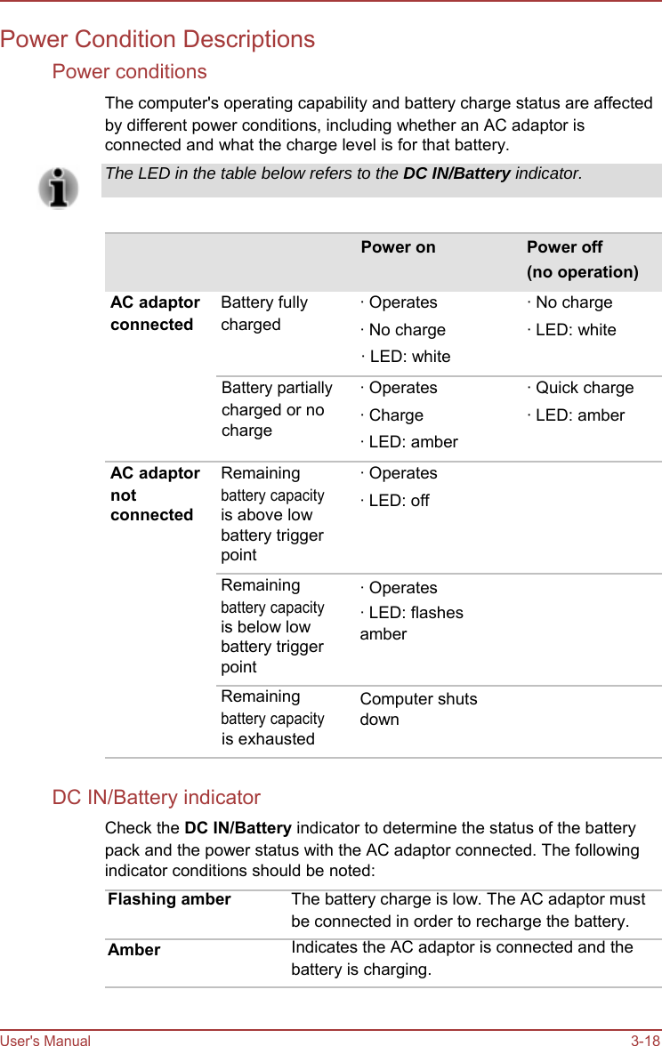    Power Condition Descriptions Power conditions The computer&apos;s operating capability and battery charge status are affected by different power conditions, including whether an AC adaptor is connected and what the charge level is for that battery. The LED in the table below refers to the DC IN/Battery indicator.   Power on   Power off (no operation) AC adaptor connected Battery fully charged · Operates · No charge · No charge · LED: white · LED: white Battery partially charged or no charge · Operates · Charge · LED: amber · Quick charge · LED: amber AC adaptor not connected Remaining battery capacity is above low battery trigger point Remaining battery capacity is below low battery trigger point Remaining battery capacity · Operates · LED: off    · Operates · LED: flashes amber   Computer shuts down is exhausted  DC IN/Battery indicator Check the DC IN/Battery indicator to determine the status of the battery pack and the power status with the AC adaptor connected. The following indicator conditions should be noted:         User&apos;s Manual Flashing amber  Amber The battery charge is low. The AC adaptor must be connected in order to recharge the battery. Indicates the AC adaptor is connected and the battery is charging.   3-18