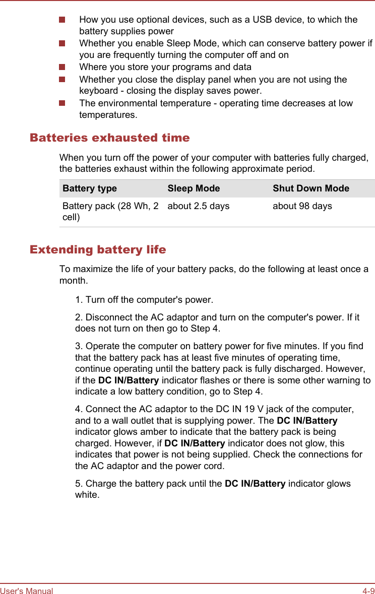 How you use optional devices, such as a USB device, to which thebattery supplies powerWhether you enable Sleep Mode, which can conserve battery power ifyou are frequently turning the computer off and onWhere you store your programs and dataWhether you close the display panel when you are not using thekeyboard - closing the display saves power.The environmental temperature - operating time decreases at lowtemperatures.Batteries exhausted timeWhen you turn off the power of your computer with batteries fully charged,the batteries exhaust within the following approximate period.Battery type Sleep Mode Shut Down ModeBattery pack (28 Wh, 2cell)about 2.5 days about 98 daysExtending battery lifeTo maximize the life of your battery packs, do the following at least once amonth.1. Turn off the computer&apos;s power.2. Disconnect the AC adaptor and turn on the computer&apos;s power. If itdoes not turn on then go to Step 4.3. Operate the computer on battery power for five minutes. If you findthat the battery pack has at least five minutes of operating time,continue operating until the battery pack is fully discharged. However,if the DC IN/Battery indicator flashes or there is some other warning toindicate a low battery condition, go to Step 4.4. Connect the AC adaptor to the DC IN 19 V jack of the computer,and to a wall outlet that is supplying power. The DC IN/Batteryindicator glows amber to indicate that the battery pack is beingcharged. However, if DC IN/Battery indicator does not glow, thisindicates that power is not being supplied. Check the connections forthe AC adaptor and the power cord.5. Charge the battery pack until the DC IN/Battery indicator glowswhite.User&apos;s Manual 4-9