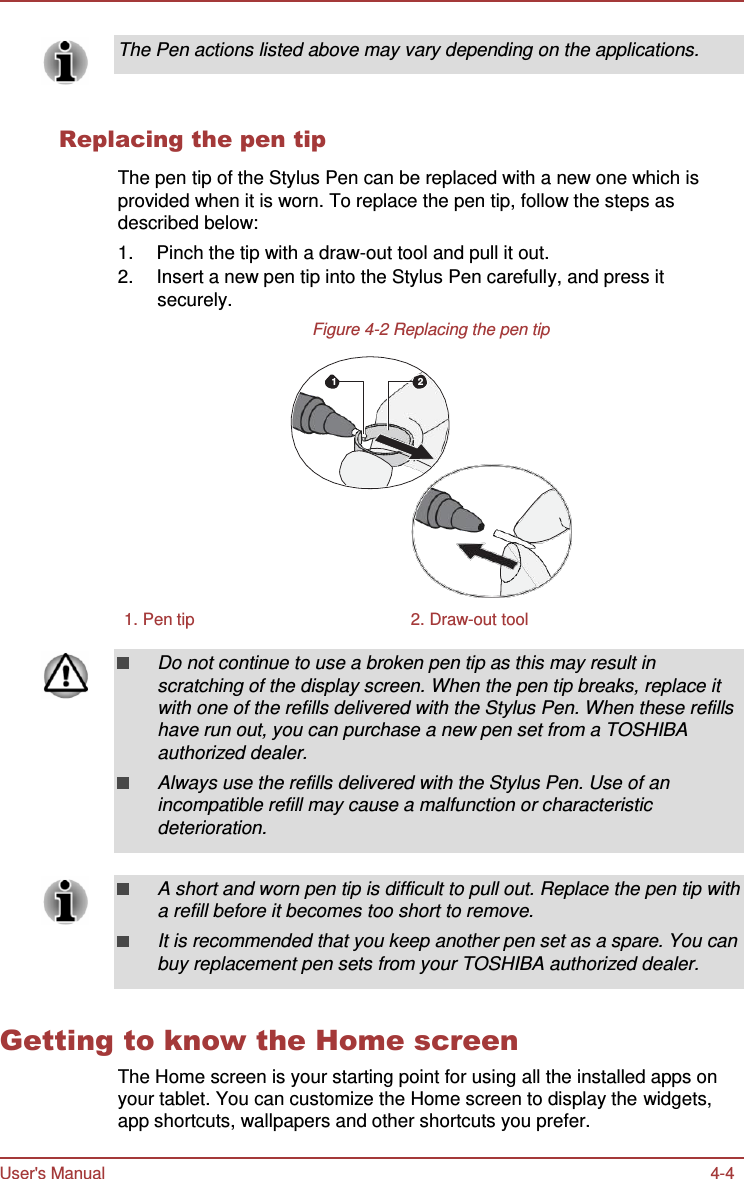 User&apos;s Manual 4-4     The Pen actions listed above may vary depending on the applications.    Replacing the pen tip  The pen tip of the Stylus Pen can be replaced with a new one which is provided when it is worn. To replace the pen tip, follow the steps as described below: 1.  Pinch the tip with a draw-out tool and pull it out. 2.  Insert a new pen tip into the Stylus Pen carefully, and press it securely. Figure 4-2 Replacing the pen tip   1  2            1. Pen tip  2. Draw-out tool  Do not continue to use a broken pen tip as this may result in scratching of the display screen. When the pen tip breaks, replace it with one of the refills delivered with the Stylus Pen. When these refills have run out, you can purchase a new pen set from a TOSHIBA authorized dealer. Always use the refills delivered with the Stylus Pen. Use of an incompatible refill may cause a malfunction or characteristic deterioration.   A short and worn pen tip is difficult to pull out. Replace the pen tip with a refill before it becomes too short to remove. It is recommended that you keep another pen set as a spare. You can buy replacement pen sets from your TOSHIBA authorized dealer.   Getting to know the Home screen The Home screen is your starting point for using all the installed apps on your tablet. You can customize the Home screen to display the widgets, app shortcuts, wallpapers and other shortcuts you prefer. 