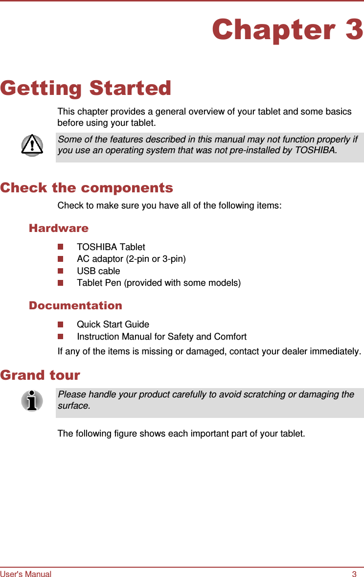 User&apos;s Manual 3 Chapter 3      Getting Started  This chapter provides a general overview of your tablet and some basics before using your tablet.  Some of the features described in this manual may not function properly if you use an operating system that was not pre-installed by TOSHIBA.   Check the components Check to make sure you have all of the following items:  Hardware  TOSHIBA Tablet AC adaptor (2-pin or 3-pin) USB cable Tablet Pen (provided with some models)  Documentation  Quick Start Guide Instruction Manual for Safety and Comfort If any of the items is missing or damaged, contact your dealer immediately.  Grand tour  Please handle your product carefully to avoid scratching or damaging the surface.   The following figure shows each important part of your tablet. 