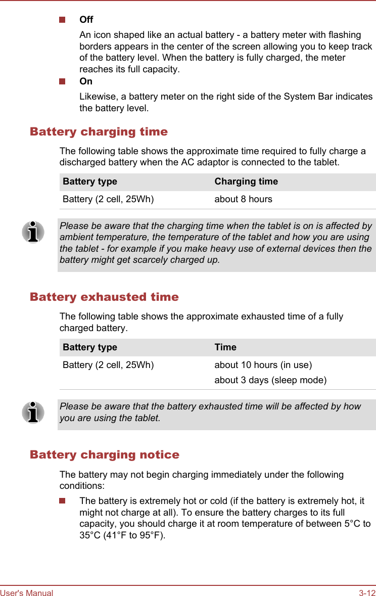 OffAn icon shaped like an actual battery - a battery meter with flashingborders appears in the center of the screen allowing you to keep trackof the battery level. When the battery is fully charged, the meterreaches its full capacity.OnLikewise, a battery meter on the right side of the System Bar indicatesthe battery level.Battery charging timeThe following table shows the approximate time required to fully charge adischarged battery when the AC adaptor is connected to the tablet.Battery type Charging timeBattery (2 cell, 25Wh) about 8 hoursPlease be aware that the charging time when the tablet is on is affected byambient temperature, the temperature of the tablet and how you are usingthe tablet - for example if you make heavy use of external devices then thebattery might get scarcely charged up.Battery exhausted timeThe following table shows the approximate exhausted time of a fullycharged battery.Battery type TimeBattery (2 cell, 25Wh) about 10 hours (in use)about 3 days (sleep mode)Please be aware that the battery exhausted time will be affected by howyou are using the tablet.Battery charging noticeThe battery may not begin charging immediately under the followingconditions:The battery is extremely hot or cold (if the battery is extremely hot, itmight not charge at all). To ensure the battery charges to its fullcapacity, you should charge it at room temperature of between 5°C to35°C (41°F to 95°F).User&apos;s Manual 3-12