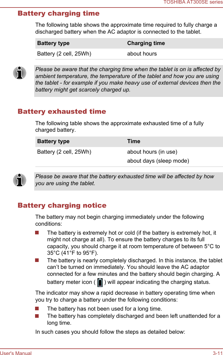 Battery charging timeThe following table shows the approximate time required to fully charge adischarged battery when the AC adaptor is connected to the tablet.Battery type Charging timeBattery (2 cell, 25Wh) about hoursPlease be aware that the charging time when the tablet is on is affected byambient temperature, the temperature of the tablet and how you are usingthe tablet - for example if you make heavy use of external devices then thebattery might get scarcely charged up.Battery exhausted timeThe following table shows the approximate exhausted time of a fullycharged battery.Battery type TimeBattery (2 cell, 25Wh) about hours (in use)about days (sleep mode)Please be aware that the battery exhausted time will be affected by howyou are using the tablet.Battery charging noticeThe battery may not begin charging immediately under the followingconditions:The battery is extremely hot or cold (if the battery is extremely hot, itmight not charge at all). To ensure the battery charges to its fullcapacity, you should charge it at room temperature of between 5°C to35°C (41°F to 95°F).The battery is nearly completely discharged. In this instance, the tabletcan’t be turned on immediately. You should leave the AC adaptorconnected for a few minutes and the battery should begin charging. Abattery meter icon (   ) will appear indicating the charging status.The indicator may show a rapid decrease in battery operating time whenyou try to charge a battery under the following conditions:The battery has not been used for a long time.The battery has completely discharged and been left unattended for along time.In such cases you should follow the steps as detailed below:TOSHIBA AT300SE seriesUser&apos;s Manual 3-11