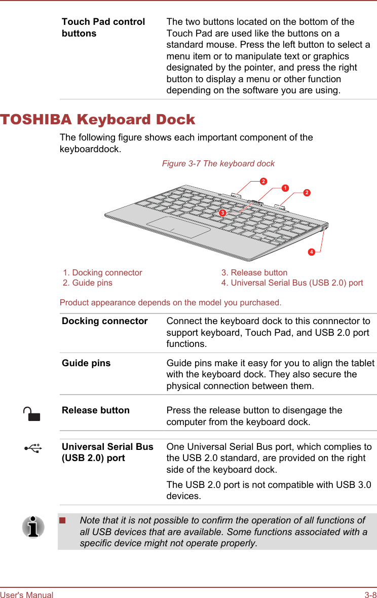 Touch Pad controlbuttonsThe two buttons located on the bottom of theTouch Pad are used like the buttons on astandard mouse. Press the left button to select amenu item or to manipulate text or graphicsdesignated by the pointer, and press the rightbutton to display a menu or other functiondepending on the software you are using.TOSHIBA Keyboard DockThe following figure shows each important component of thekeyboarddock.Figure 3-7 The keyboard dock242311. Docking connector 3. Release button2. Guide pins 4. Universal Serial Bus (USB 2.0) portProduct appearance depends on the model you purchased.Docking connector Connect the keyboard dock to this connnector tosupport keyboard, Touch Pad, and USB 2.0 portfunctions.Guide pins Guide pins make it easy for you to align the tabletwith the keyboard dock. They also secure thephysical connection between them.Release button Press the release button to disengage thecomputer from the keyboard dock.Universal Serial Bus(USB 2.0) portOne Universal Serial Bus port, which complies tothe USB 2.0 standard, are provided on the rightside of the keyboard dock.The USB 2.0 port is not compatible with USB 3.0devices.Note that it is not possible to confirm the operation of all functions ofall USB devices that are available. Some functions associated with aspecific device might not operate properly.User&apos;s Manual 3-8