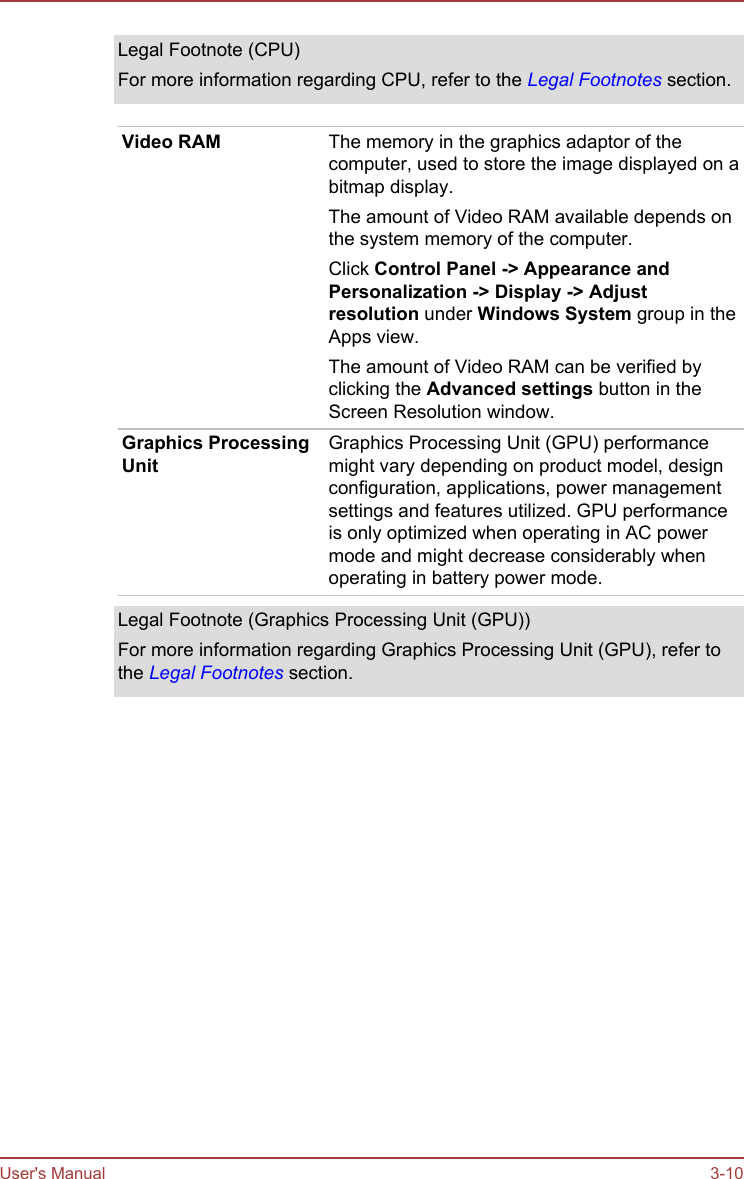 Legal Footnote (CPU)For more information regarding CPU, refer to the Legal Footnotes section.Video RAM The memory in the graphics adaptor of thecomputer, used to store the image displayed on abitmap display.The amount of Video RAM available depends onthe system memory of the computer.Click Control Panel -&gt; Appearance and Personalization -&gt; Display -&gt; Adjust resolution under Windows System group in theApps view.The amount of Video RAM can be verified byclicking the Advanced settings button in theScreen Resolution window.Graphics ProcessingUnitGraphics Processing Unit (GPU) performancemight vary depending on product model, designconfiguration, applications, power managementsettings and features utilized. GPU performanceis only optimized when operating in AC powermode and might decrease considerably whenoperating in battery power mode.Legal Footnote (Graphics Processing Unit (GPU))For more information regarding Graphics Processing Unit (GPU), refer tothe Legal Footnotes section.User&apos;s Manual 3-10