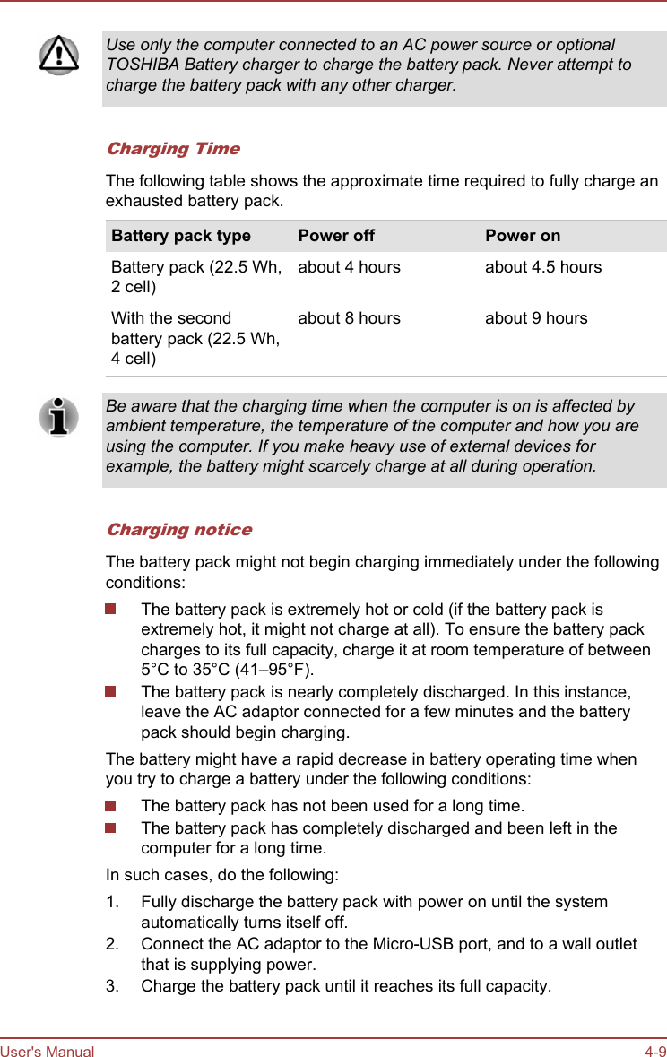 Use only the computer connected to an AC power source or optionalTOSHIBA Battery charger to charge the battery pack. Never attempt tocharge the battery pack with any other charger.Charging TimeThe following table shows the approximate time required to fully charge anexhausted battery pack.Battery pack type Power off Power onBattery pack (22.5 Wh,2 cell)about 4 hours about 4.5 hoursWith the secondbattery pack (22.5 Wh,4 cell)about 8 hours about 9 hoursBe aware that the charging time when the computer is on is affected byambient temperature, the temperature of the computer and how you areusing the computer. If you make heavy use of external devices forexample, the battery might scarcely charge at all during operation.Charging noticeThe battery pack might not begin charging immediately under the followingconditions:The battery pack is extremely hot or cold (if the battery pack isextremely hot, it might not charge at all). To ensure the battery packcharges to its full capacity, charge it at room temperature of between5°C to 35°C (41–95°F).The battery pack is nearly completely discharged. In this instance,leave the AC adaptor connected for a few minutes and the batterypack should begin charging.The battery might have a rapid decrease in battery operating time whenyou try to charge a battery under the following conditions:The battery pack has not been used for a long time.The battery pack has completely discharged and been left in thecomputer for a long time.In such cases, do the following:1. Fully discharge the battery pack with power on until the systemautomatically turns itself off.2. Connect the AC adaptor to the Micro-USB port, and to a wall outletthat is supplying power.3. Charge the battery pack until it reaches its full capacity.User&apos;s Manual 4-9