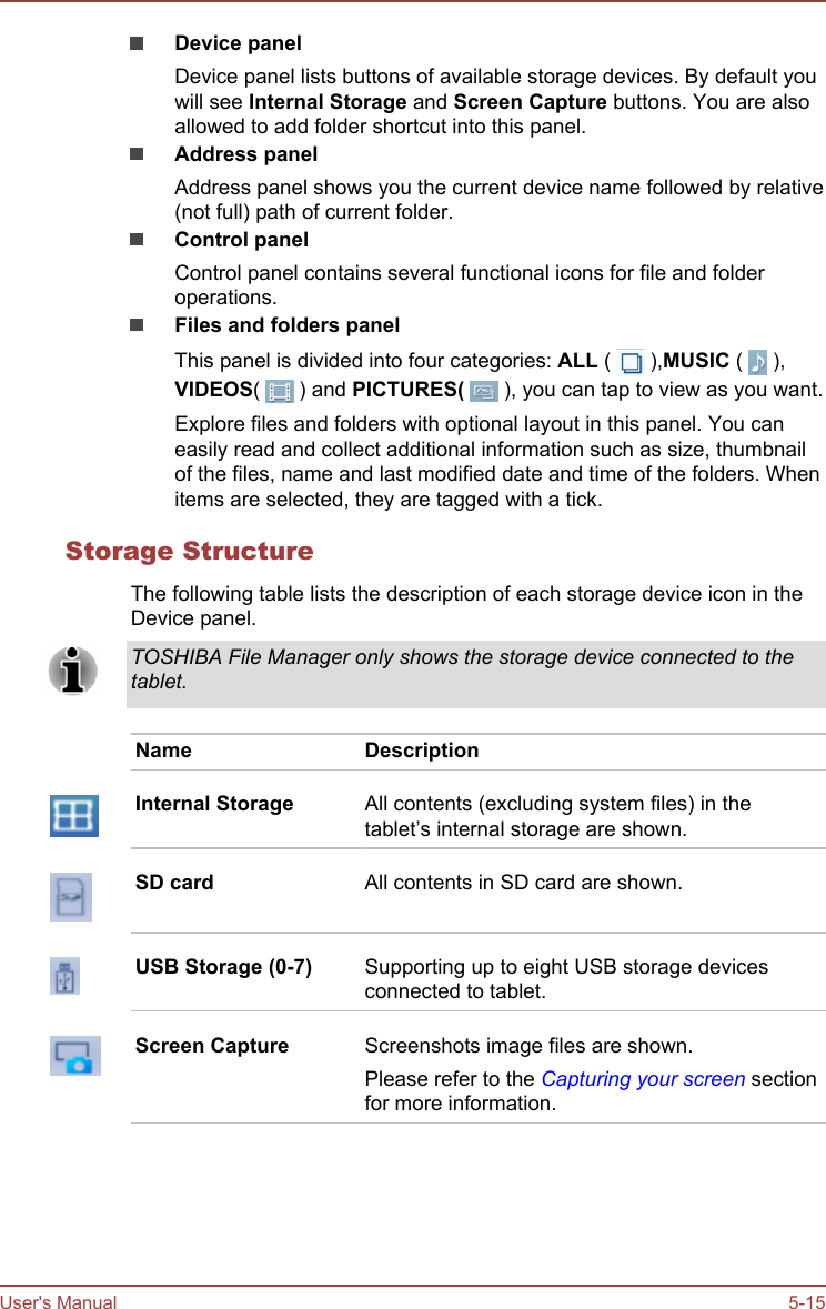 Device panelDevice panel lists buttons of available storage devices. By default youwill see Internal Storage and Screen Capture buttons. You are alsoallowed to add folder shortcut into this panel.Address panelAddress panel shows you the current device name followed by relative(not full) path of current folder.Control panelControl panel contains several functional icons for file and folderoperations.Files and folders panelThis panel is divided into four categories: ALL (   ),MUSIC (   ),VIDEOS(   ) and PICTURES(   ), you can tap to view as you want.Explore files and folders with optional layout in this panel. You caneasily read and collect additional information such as size, thumbnailof the files, name and last modified date and time of the folders. Whenitems are selected, they are tagged with a tick.Storage StructureThe following table lists the description of each storage device icon in theDevice panel.TOSHIBA File Manager only shows the storage device connected to thetablet.Name DescriptionInternal Storage All contents (excluding system files) in thetablet’s internal storage are shown.SD card All contents in SD card are shown.USB Storage (0-7) Supporting up to eight USB storage devicesconnected to tablet.Screen Capture Screenshots image files are shown.Please refer to the Capturing your screen sectionfor more information.User&apos;s Manual 5-15