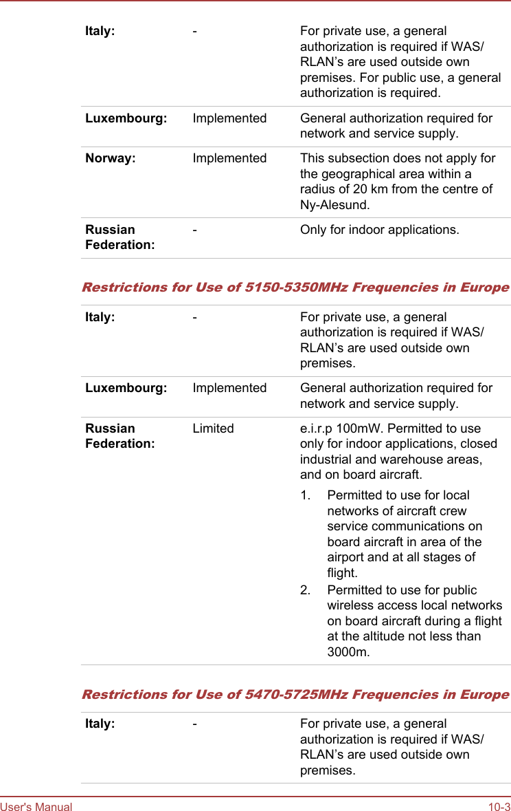 Italy: - For private use, a generalauthorization is required if WAS/RLAN’s are used outside ownpremises. For public use, a generalauthorization is required.Luxembourg: Implemented General authorization required fornetwork and service supply.Norway: Implemented This subsection does not apply forthe geographical area within aradius of 20 km from the centre ofNy-Alesund.RussianFederation:- Only for indoor applications.Restrictions for Use of 5150-5350MHz Frequencies in EuropeItaly: - For private use, a generalauthorization is required if WAS/RLAN’s are used outside ownpremises.Luxembourg: Implemented General authorization required fornetwork and service supply.RussianFederation:Limited e.i.r.p 100mW. Permitted to useonly for indoor applications, closedindustrial and warehouse areas,and on board aircraft.1. Permitted to use for localnetworks of aircraft crewservice communications onboard aircraft in area of theairport and at all stages offlight.2. Permitted to use for publicwireless access local networkson board aircraft during a flightat the altitude not less than3000m.Restrictions for Use of 5470-5725MHz Frequencies in EuropeItaly: - For private use, a generalauthorization is required if WAS/RLAN’s are used outside ownpremises.User&apos;s Manual 10-3