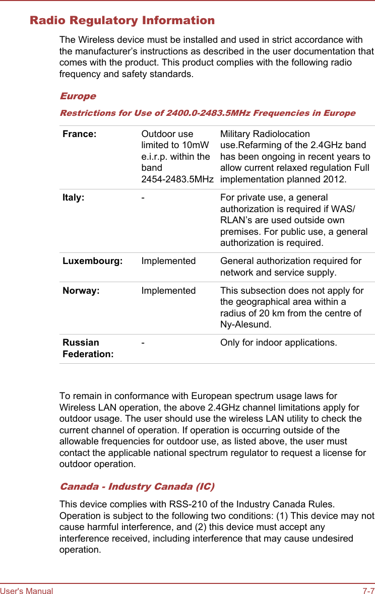 Radio Regulatory InformationThe Wireless device must be installed and used in strict accordance withthe manufacturer’s instructions as described in the user documentation thatcomes with the product. This product complies with the following radiofrequency and safety standards.EuropeRestrictions for Use of 2400.0-2483.5MHz Frequencies in EuropeFrance: Outdoor uselimited to 10mWe.i.r.p. within theband2454-2483.5MHzMilitary Radiolocationuse.Refarming of the 2.4GHz bandhas been ongoing in recent years toallow current relaxed regulation Fullimplementation planned 2012.Italy: - For private use, a generalauthorization is required if WAS/RLAN’s are used outside ownpremises. For public use, a generalauthorization is required.Luxembourg: Implemented General authorization required fornetwork and service supply.Norway: Implemented This subsection does not apply forthe geographical area within aradius of 20 km from the centre ofNy-Alesund.RussianFederation:- Only for indoor applications.   To remain in conformance with European spectrum usage laws forWireless LAN operation, the above 2.4GHz channel limitations apply foroutdoor usage. The user should use the wireless LAN utility to check thecurrent channel of operation. If operation is occurring outside of theallowable frequencies for outdoor use, as listed above, the user mustcontact the applicable national spectrum regulator to request a license foroutdoor operation.Canada - Industry Canada (IC)This device complies with RSS-210 of the Industry Canada Rules.Operation is subject to the following two conditions: (1) This device may notcause harmful interference, and (2) this device must accept anyinterference received, including interference that may cause undesiredoperation.User&apos;s Manual 7-7