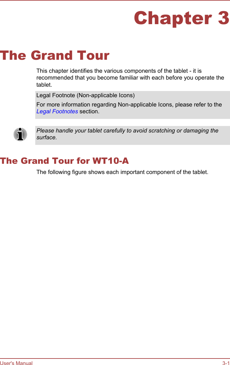 Chapter 3The Grand TourThis chapter identifies the various components of the tablet - it isrecommended that you become familiar with each before you operate thetablet.Legal Footnote (Non-applicable Icons)For more information regarding Non-applicable Icons, please refer to theLegal Footnotes section.Please handle your tablet carefully to avoid scratching or damaging thesurface.The Grand Tour for WT10-AThe following figure shows each important component of the tablet.User&apos;s Manual 3-1