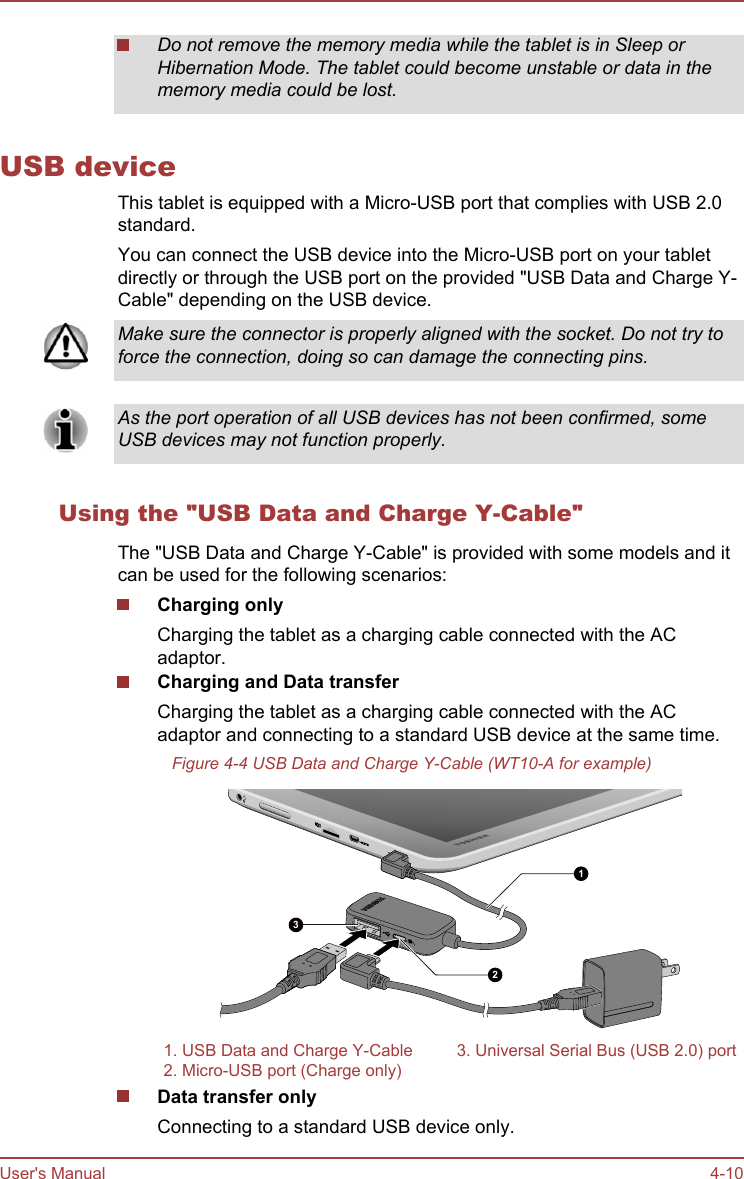 Do not remove the memory media while the tablet is in Sleep orHibernation Mode. The tablet could become unstable or data in thememory media could be lost.USB deviceThis tablet is equipped with a Micro-USB port that complies with USB 2.0standard.You can connect the USB device into the Micro-USB port on your tabletdirectly or through the USB port on the provided &quot;USB Data and Charge Y-Cable&quot; depending on the USB device.Make sure the connector is properly aligned with the socket. Do not try toforce the connection, doing so can damage the connecting pins.As the port operation of all USB devices has not been confirmed, someUSB devices may not function properly.Using the &quot;USB Data and Charge Y-Cable&quot;The &quot;USB Data and Charge Y-Cable&quot; is provided with some models and itcan be used for the following scenarios:Charging onlyCharging the tablet as a charging cable connected with the ACadaptor.Charging and Data transferCharging the tablet as a charging cable connected with the ACadaptor and connecting to a standard USB device at the same time.Figure 4-4 USB Data and Charge Y-Cable (WT10-A for example)1231. USB Data and Charge Y-Cable 3. Universal Serial Bus (USB 2.0) port2. Micro-USB port (Charge only)  Data transfer onlyConnecting to a standard USB device only.User&apos;s Manual 4-10