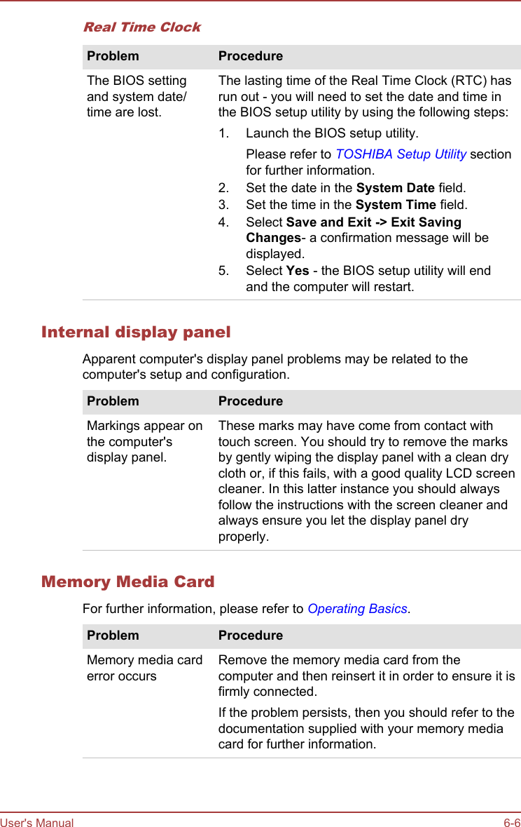 Real Time ClockProblem ProcedureThe BIOS settingand system date/time are lost.The lasting time of the Real Time Clock (RTC) hasrun out - you will need to set the date and time inthe BIOS setup utility by using the following steps:1. Launch the BIOS setup utility.Please refer to TOSHIBA Setup Utility sectionfor further information.2. Set the date in the System Date field.3. Set the time in the System Time field.4. Select Save and Exit -&gt; Exit Saving Changes- a confirmation message will bedisplayed.5. Select Yes - the BIOS setup utility will endand the computer will restart.Internal display panelApparent computer&apos;s display panel problems may be related to thecomputer&apos;s setup and configuration.Problem ProcedureMarkings appear onthe computer&apos;sdisplay panel.These marks may have come from contact withtouch screen. You should try to remove the marksby gently wiping the display panel with a clean drycloth or, if this fails, with a good quality LCD screencleaner. In this latter instance you should alwaysfollow the instructions with the screen cleaner andalways ensure you let the display panel dryproperly.Memory Media CardFor further information, please refer to Operating Basics.Problem ProcedureMemory media carderror occursRemove the memory media card from thecomputer and then reinsert it in order to ensure it isfirmly connected.If the problem persists, then you should refer to thedocumentation supplied with your memory mediacard for further information.User&apos;s Manual 6-6