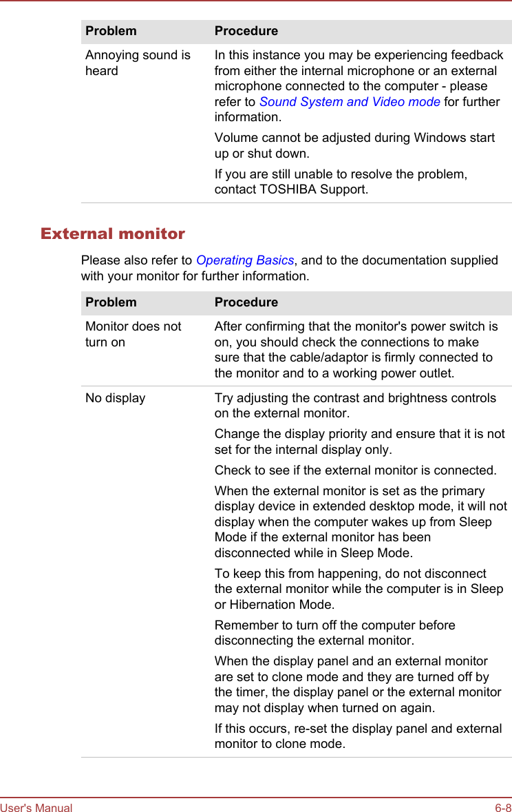 Problem ProcedureAnnoying sound isheardIn this instance you may be experiencing feedbackfrom either the internal microphone or an externalmicrophone connected to the computer - pleaserefer to Sound System and Video mode for furtherinformation.Volume cannot be adjusted during Windows startup or shut down.If you are still unable to resolve the problem,contact TOSHIBA Support.External monitorPlease also refer to Operating Basics, and to the documentation suppliedwith your monitor for further information.Problem ProcedureMonitor does notturn onAfter confirming that the monitor&apos;s power switch ison, you should check the connections to makesure that the cable/adaptor is firmly connected tothe monitor and to a working power outlet.No display Try adjusting the contrast and brightness controlson the external monitor.Change the display priority and ensure that it is notset for the internal display only.Check to see if the external monitor is connected.When the external monitor is set as the primarydisplay device in extended desktop mode, it will notdisplay when the computer wakes up from SleepMode if the external monitor has beendisconnected while in Sleep Mode.To keep this from happening, do not disconnectthe external monitor while the computer is in Sleepor Hibernation Mode.Remember to turn off the computer beforedisconnecting the external monitor.When the display panel and an external monitorare set to clone mode and they are turned off bythe timer, the display panel or the external monitormay not display when turned on again.If this occurs, re-set the display panel and externalmonitor to clone mode.User&apos;s Manual 6-8