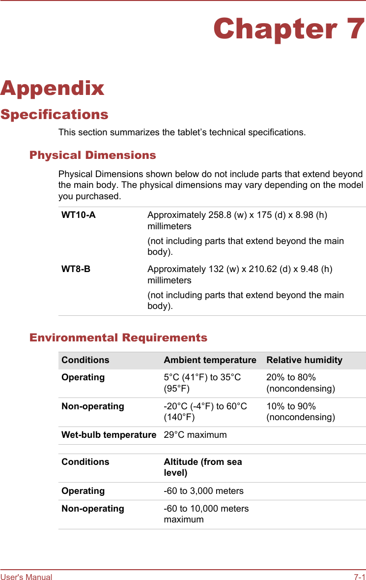 Chapter 7AppendixSpecificationsThis section summarizes the tablet’s technical specifications.Physical DimensionsPhysical Dimensions shown below do not include parts that extend beyondthe main body. The physical dimensions may vary depending on the modelyou purchased.WT10-A                Approximately 258.8 (w) x 175 (d) x 8.98 (h)millimeters(not including parts that extend beyond the mainbody).WT8-B               Approximately 132 (w) x 210.62 (d) x 9.48 (h)millimeters(not including parts that extend beyond the mainbody).Environmental RequirementsConditions Ambient temperature Relative humidityOperating 5°C (41°F) to 35°C(95°F)20% to 80%(noncondensing)Non-operating -20°C (-4°F) to 60°C(140°F)10% to 90%(noncondensing)Wet-bulb temperature 29°C maximumConditions Altitude (from sealevel)Operating -60 to 3,000 metersNon-operating -60 to 10,000 metersmaximumUser&apos;s Manual 7-1