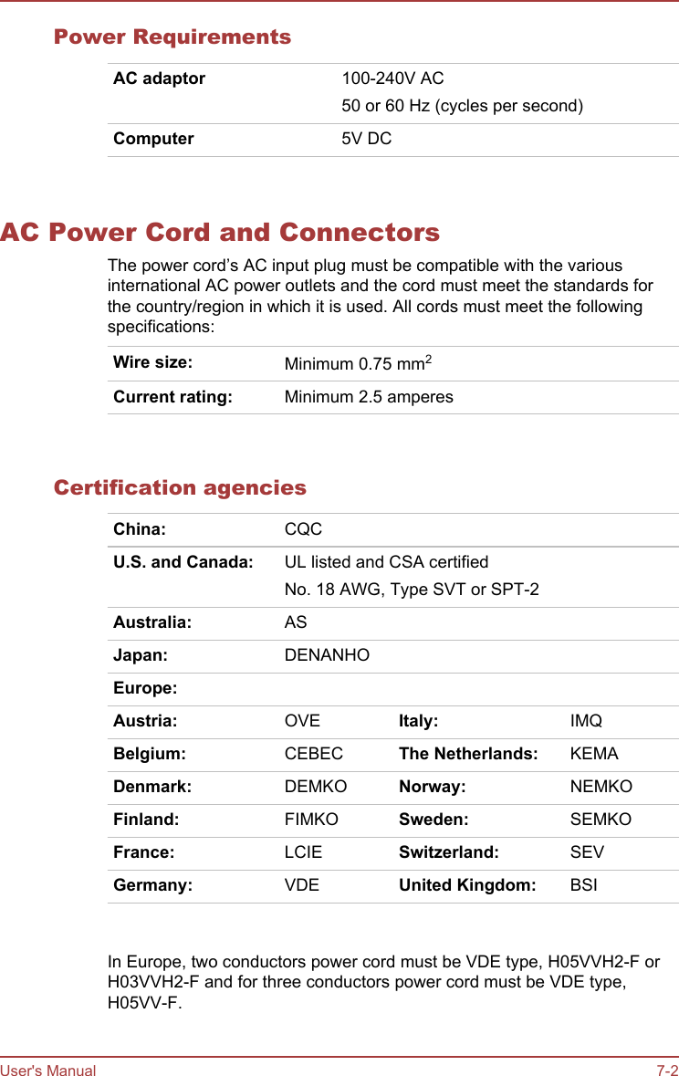 Power RequirementsAC adaptor 100-240V AC50 or 60 Hz (cycles per second)Computer 5V DC   AC Power Cord and ConnectorsThe power cord’s AC input plug must be compatible with the variousinternational AC power outlets and the cord must meet the standards forthe country/region in which it is used. All cords must meet the followingspecifications:Wire size: Minimum 0.75 mm2Current rating: Minimum 2.5 amperes   Certification agenciesChina: CQCU.S. and Canada: UL listed and CSA certifiedNo. 18 AWG, Type SVT or SPT-2Australia: ASJapan: DENANHOEurope:Austria: OVE Italy: IMQBelgium: CEBEC The Netherlands: KEMADenmark: DEMKO Norway: NEMKOFinland: FIMKO Sweden: SEMKOFrance: LCIE Switzerland: SEVGermany: VDE United Kingdom: BSI       In Europe, two conductors power cord must be VDE type, H05VVH2-F orH03VVH2-F and for three conductors power cord must be VDE type,H05VV-F.User&apos;s Manual 7-2