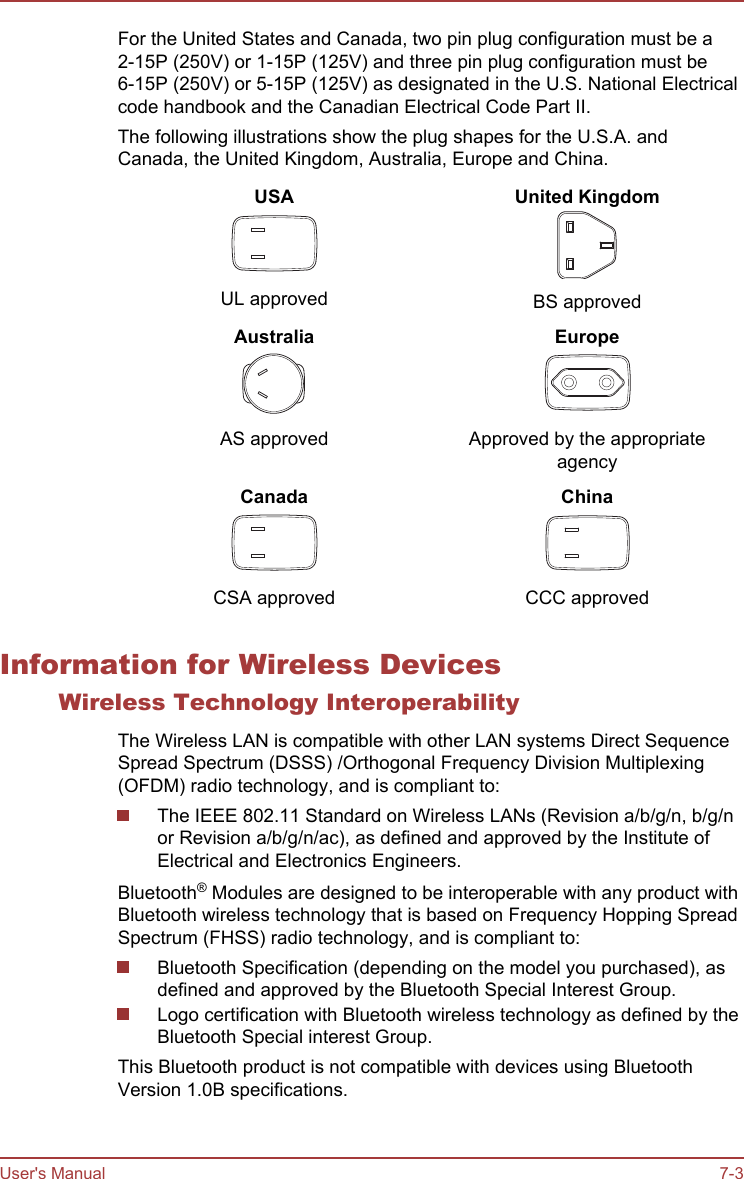 For the United States and Canada, two pin plug configuration must be a2-15P (250V) or 1-15P (125V) and three pin plug configuration must be6-15P (250V) or 5-15P (125V) as designated in the U.S. National Electricalcode handbook and the Canadian Electrical Code Part II.The following illustrations show the plug shapes for the U.S.A. andCanada, the United Kingdom, Australia, Europe and China.USAUL approvedUnited KingdomBS approvedAustraliaAS approvedEuropeApproved by the appropriateagencyCanadaCSA approvedChinaCCC approvedInformation for Wireless DevicesWireless Technology InteroperabilityThe Wireless LAN is compatible with other LAN systems Direct SequenceSpread Spectrum (DSSS) /Orthogonal Frequency Division Multiplexing(OFDM) radio technology, and is compliant to:The IEEE 802.11 Standard on Wireless LANs (Revision a/b/g/n, b/g/nor Revision a/b/g/n/ac), as defined and approved by the Institute ofElectrical and Electronics Engineers.Bluetooth® Modules are designed to be interoperable with any product withBluetooth wireless technology that is based on Frequency Hopping SpreadSpectrum (FHSS) radio technology, and is compliant to:Bluetooth Specification (depending on the model you purchased), asdefined and approved by the Bluetooth Special Interest Group.Logo certification with Bluetooth wireless technology as defined by theBluetooth Special interest Group.This Bluetooth product is not compatible with devices using BluetoothVersion 1.0B specifications.User&apos;s Manual 7-3