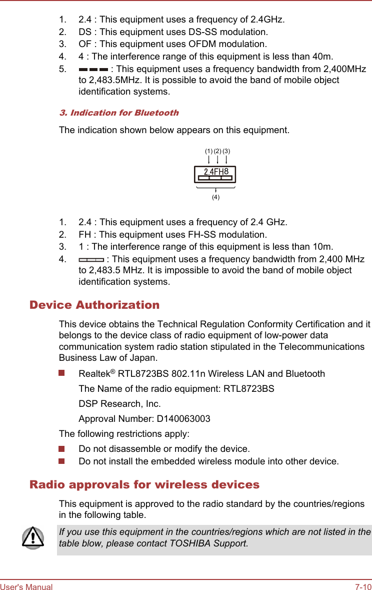 1. 2.4 : This equipment uses a frequency of 2.4GHz.2. DS : This equipment uses DS-SS modulation.3. OF : This equipment uses OFDM modulation.4. 4 : The interference range of this equipment is less than 40m.5.  : This equipment uses a frequency bandwidth from 2,400MHzto 2,483.5MHz. It is possible to avoid the band of mobile objectidentification systems.3. Indication for BluetoothThe indication shown below appears on this equipment.(4)(1) (2) (3)81. 2.4 : This equipment uses a frequency of 2.4 GHz.2. FH : This equipment uses FH-SS modulation.3. 1 : The interference range of this equipment is less than 10m.4.  : This equipment uses a frequency bandwidth from 2,400 MHzto 2,483.5 MHz. It is impossible to avoid the band of mobile objectidentification systems.Device AuthorizationThis device obtains the Technical Regulation Conformity Certification and itbelongs to the device class of radio equipment of low-power datacommunication system radio station stipulated in the TelecommunicationsBusiness Law of Japan.Realtek® RTL8723BS 802.11n Wireless LAN and BluetoothThe Name of the radio equipment: RTL8723BSDSP Research, Inc.Approval Number: D140063003The following restrictions apply:Do not disassemble or modify the device.Do not install the embedded wireless module into other device.Radio approvals for wireless devicesThis equipment is approved to the radio standard by the countries/regionsin the following table.If you use this equipment in the countries/regions which are not listed in thetable blow, please contact TOSHIBA Support.User&apos;s Manual 7-10