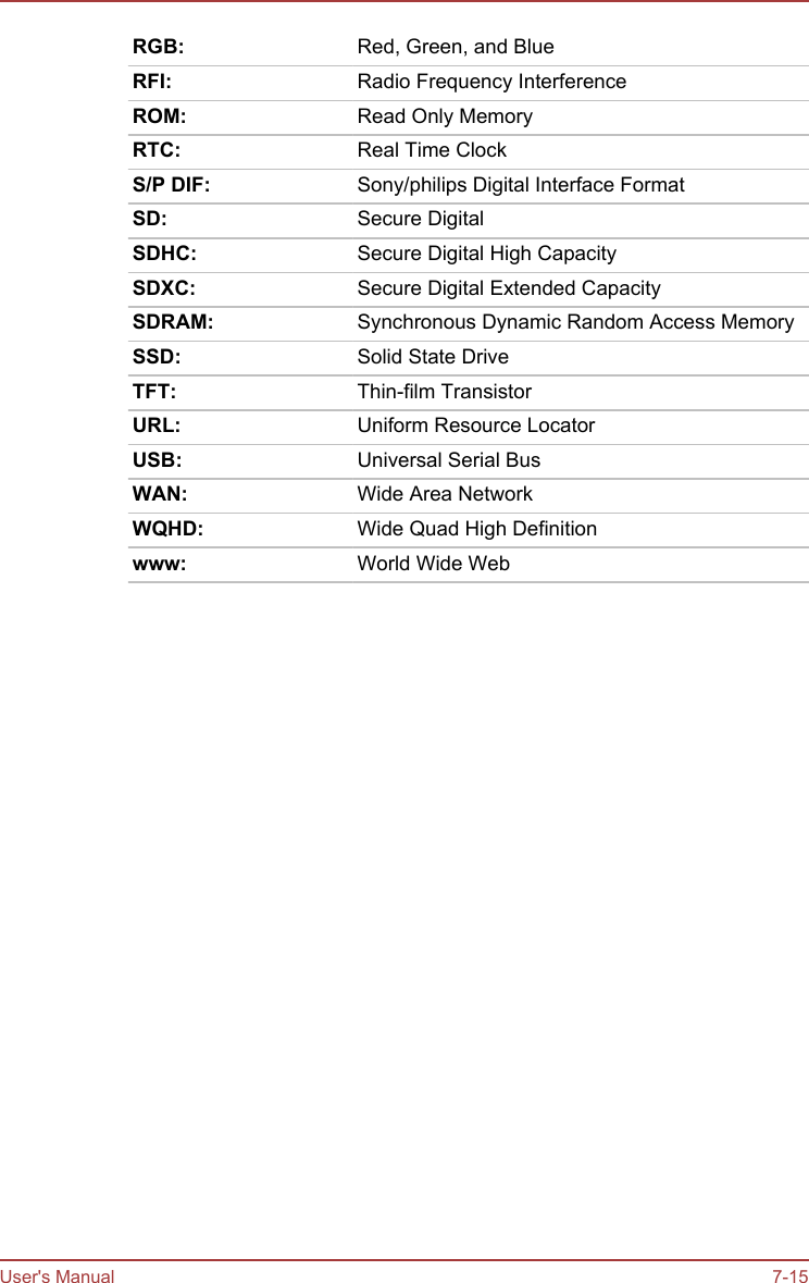 RGB: Red, Green, and BlueRFI: Radio Frequency InterferenceROM: Read Only MemoryRTC: Real Time ClockS/P DIF: Sony/philips Digital Interface FormatSD: Secure DigitalSDHC: Secure Digital High CapacitySDXC: Secure Digital Extended CapacitySDRAM: Synchronous Dynamic Random Access MemorySSD: Solid State DriveTFT: Thin-film TransistorURL: Uniform Resource LocatorUSB: Universal Serial BusWAN: Wide Area NetworkWQHD: Wide Quad High Definitionwww: World Wide WebUser&apos;s Manual 7-15