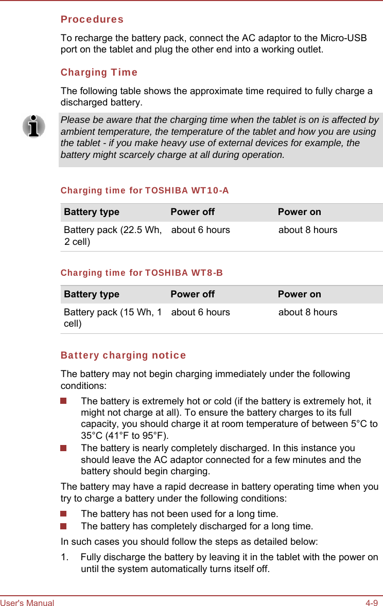 User&apos;s Manual 4-9 Procedures To recharge the battery pack, connect the AC adaptor to the Micro-USB port on the tablet and plug the other end into a working outlet. Charging Time The following table shows the approximate time required to fully charge a discharged battery. Please be aware that the charging time when the tablet is on is affected by ambient temperature, the temperature of the tablet and how you are using the tablet - if you make heavy use of external devices for example, the battery might scarcely charge at all during operation. Charging time for TOSHIBA WT10-A Battery type  Power off  Power on Battery pack (22.5 Wh, 2 cell) about 6 hours  about 8 hours Charging time for TOSHIBA WT8-B Battery type  Power off  Power on Battery pack (15 Wh, 1 cell) about 6 hours  about 8 hours Battery charging notice The battery may not begin charging immediately under the following conditions: The battery is extremely hot or cold (if the battery is extremely hot, it might not charge at all). To ensure the battery charges to its full capacity, you should charge it at room temperature of between 5°C to 35°C (41°F to 95°F). The battery is nearly completely discharged. In this instance you should leave the AC adaptor connected for a few minutes and the battery should begin charging. The battery may have a rapid decrease in battery operating time when you try to charge a battery under the following conditions: The battery has not been used for a long time. The battery has completely discharged for a long time. In such cases you should follow the steps as detailed below: 1.  Fully discharge the battery by leaving it in the tablet with the power on until the system automatically turns itself off. 