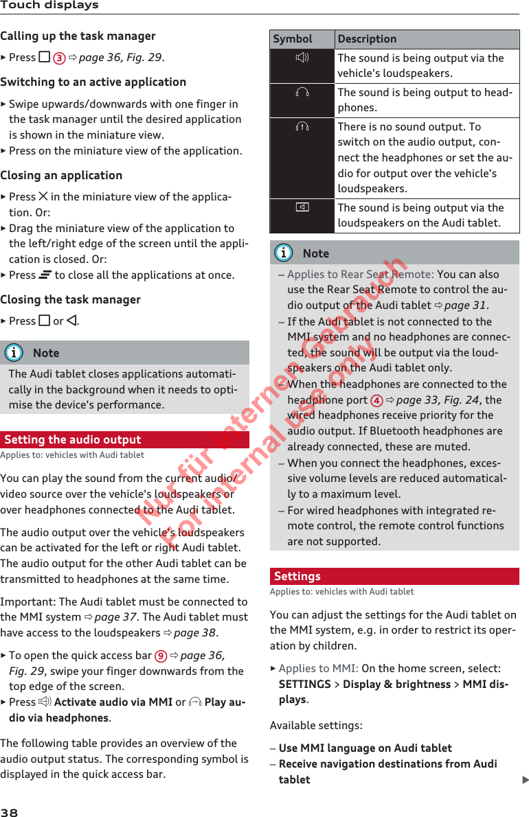 Touch displaysCalling up the task manager►Press  3 ð page 36, Fig. 29.Switching to an active application►Swipe upwards/downwards with one finger inthe task manager until the desired applicationis shown in the miniature view.►Press on the miniature view of the application.Closing an application►Press  in the miniature view of the applica-tion. Or:►Drag the miniature view of the application tothe left/right edge of the screen until the appli-cation is closed. Or:►Press  to close all the applications at once.Closing the task manager►Press  or .NoteThe Audi tablet closes applications automati-cally in the background when it needs to opti-mise the device&apos;s performance.Setting the audio outputApplies to: vehicles with Audi tabletYou can play the sound from the current audio/video source over the vehicle&apos;s loudspeakers orover headphones connected to the Audi tablet.The audio output over the vehicle&apos;s loudspeakerscan be activated for the left or right Audi tablet.The audio output for the other Audi tablet can betransmitted to headphones at the same time.Important: The Audi tablet must be connected tothe MMI system ð page 37. The Audi tablet musthave access to the loudspeakers ð page 38.►To open the quick access bar  9 ð page 36,Fig. 29, swipe your finger downwards from thetop edge of the screen.►Press  Activate audio via MMI or  Play au-dio via headphones.The following table provides an overview of theaudio output status. The corresponding symbol isdisplayed in the quick access bar.Symbol DescriptionThe sound is being output via thevehicle&apos;s loudspeakers.The sound is being output to head-phones.There is no sound output. Toswitch on the audio output, con-nect the headphones or set the au-dio for output over the vehicle&apos;sloudspeakers.The sound is being output via theloudspeakers on the Audi tablet.Note–Applies to Rear Seat Remote: You can alsouse the Rear Seat Remote to control the au-dio output of the Audi tablet ð page 31.–If the Audi tablet is not connected to theMMI system and no headphones are connec-ted, the sound will be output via the loud-speakers on the Audi tablet only.–When the headphones are connected to theheadphone port  4 ð page 33, Fig. 24, thewired headphones receive priority for theaudio output. If Bluetooth headphones arealready connected, these are muted.–When you connect the headphones, exces-sive volume levels are reduced automatical-ly to a maximum level.–For wired headphones with integrated re-mote control, the remote control functionsare not supported.SettingsApplies to: vehicles with Audi tabletYou can adjust the settings for the Audi tablet onthe MMI system, e.g. in order to restrict its oper-ation by children.►Applies to MMI: On the home screen, select:SETTINGS &gt; Display &amp; brightness &gt; MMI dis-plays.Available settings:–Use MMI language on Audi tablet–Receive navigation destinations from Auditablet 382  Titel oder Name, Abteilung, Datum 