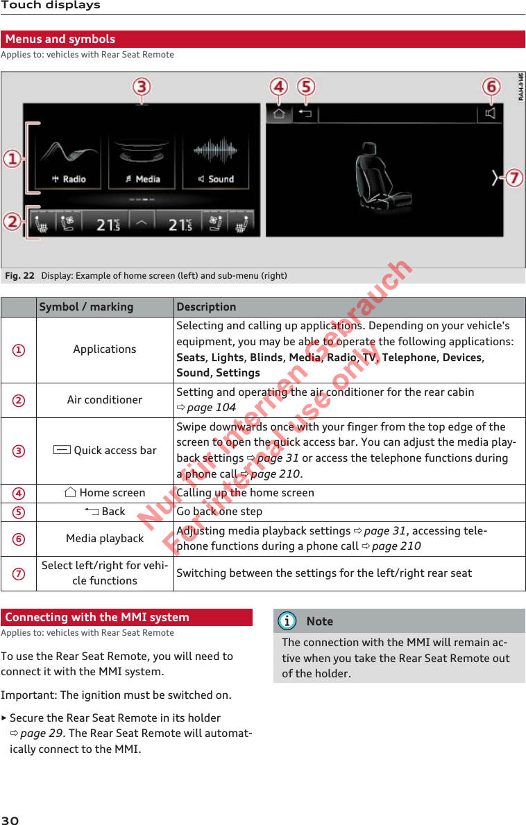 Touch displaysMenus and symbolsApplies to: vehicles with Rear Seat RemoteFig. 22  Display: Example of home screen (left) and sub-menu (right)  Symbol / marking Description1ApplicationsSelecting and calling up applications. Depending on your vehicle&apos;sequipment, you may be able to operate the following applications:Seats, Lights, Blinds, Media, Radio, TV, Telephone, Devices,Sound, Settings2Air conditioner Setting and operating the air conditioner for the rear cabinð page 1043 Quick access barSwipe downwards once with your finger from the top edge of thescreen to open the quick access bar. You can adjust the media play-back settings ð page 31 or access the telephone functions duringa phone call ð page 210.4 Home screen Calling up the home screen5 Back Go back one step6Media playback Adjusting media playback settings ð page 31, accessing tele-phone functions during a phone call ð page 2107Select left/right for vehi-cle functions Switching between the settings for the left/right rear seatConnecting with the MMI systemApplies to: vehicles with Rear Seat RemoteTo use the Rear Seat Remote, you will need toconnect it with the MMI system.Important: The ignition must be switched on.►Secure the Rear Seat Remote in its holderð page 29. The Rear Seat Remote will automat-ically connect to the MMI.NoteThe connection with the MMI will remain ac-tive when you take the Rear Seat Remote outof the holder.302  Titel oder Name, Abteilung, Datum 