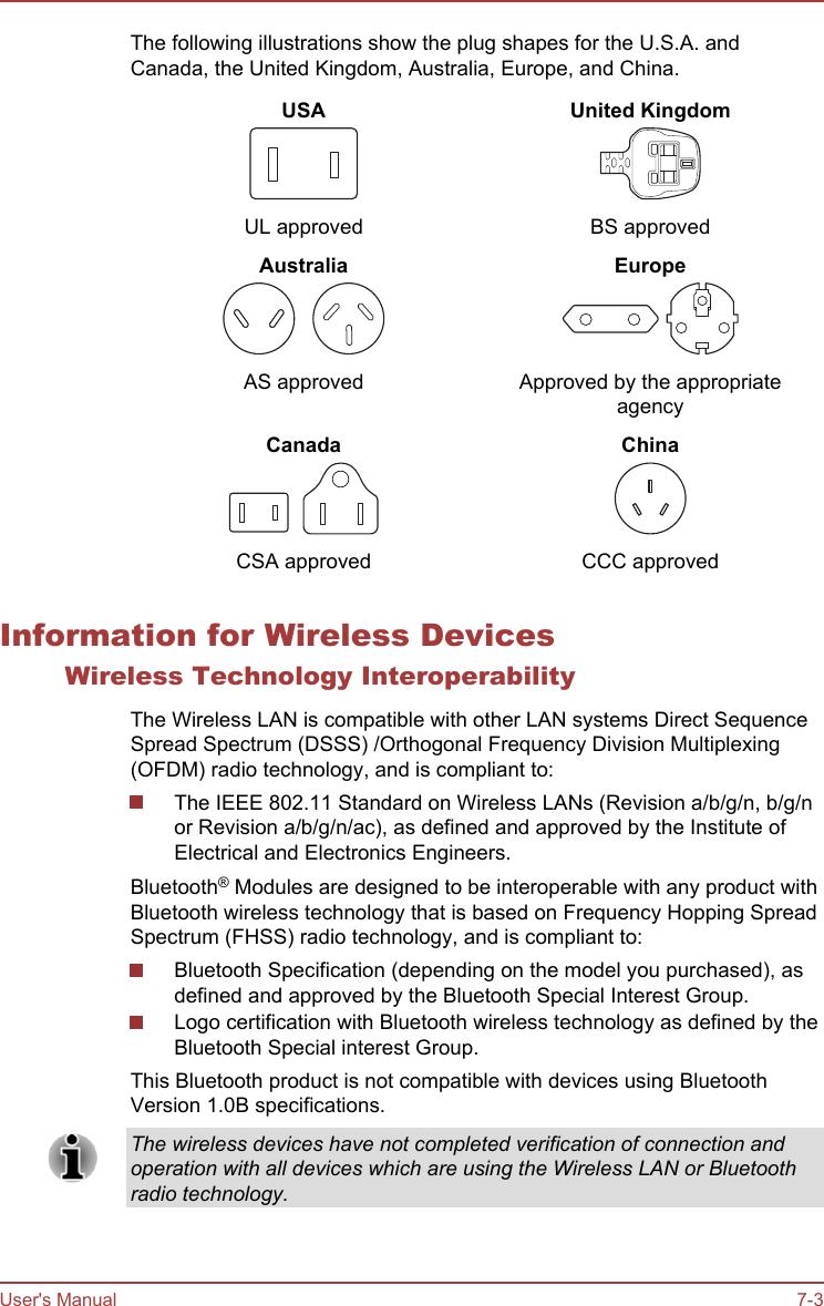 The following illustrations show the plug shapes for the U.S.A. andCanada, the United Kingdom, Australia, Europe, and China.USAUL approvedUnited KingdomBS approvedAustraliaAS approvedEuropeApproved by the appropriateagencyCanadaCSA approvedChinaCCC approvedInformation for Wireless DevicesWireless Technology InteroperabilityThe Wireless LAN is compatible with other LAN systems Direct SequenceSpread Spectrum (DSSS) /Orthogonal Frequency Division Multiplexing(OFDM) radio technology, and is compliant to:The IEEE 802.11 Standard on Wireless LANs (Revision a/b/g/n, b/g/nor Revision a/b/g/n/ac), as defined and approved by the Institute ofElectrical and Electronics Engineers.Bluetooth® Modules are designed to be interoperable with any product withBluetooth wireless technology that is based on Frequency Hopping SpreadSpectrum (FHSS) radio technology, and is compliant to:Bluetooth Specification (depending on the model you purchased), asdefined and approved by the Bluetooth Special Interest Group.Logo certification with Bluetooth wireless technology as defined by theBluetooth Special interest Group.This Bluetooth product is not compatible with devices using BluetoothVersion 1.0B specifications.The wireless devices have not completed verification of connection andoperation with all devices which are using the Wireless LAN or Bluetoothradio technology.User&apos;s Manual 7-3