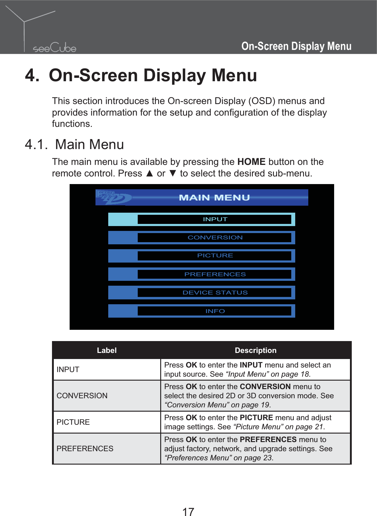 17On-Screen Display Menu4.  On-Screen Display MenuThis section introduces the On-screen Display (OSD) menus and functions.4.1. Main MenuThe main menu is available by pressing the HOME button on the MAIN MENUINPUTCONVERSIONPICTUREPREFERENCESDEVICE STATUSINFOLabel DescriptionINPUT Press OK to enter the INPUT menu and select an input source. See “Input Menu” on page 18.CONVERSIONPress OK to enter the CONVERSION menu to select the desired 2D or 3D conversion mode. See “Conversion Menu” on page 19.PICTURE Press OK to enter the PICTURE menu and adjust image settings. See “Picture Menu” on page 21.PREFERENCESPress OK to enter the PREFERENCES menu to adjust factory, network, and upgrade settings. See “Preferences Menu” on page 23.