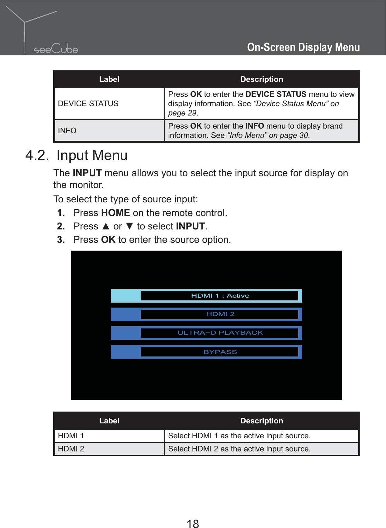 18On-Screen Display MenuLabel DescriptionDEVICE STATUSPress OK to enter the DEVICE STATUS menu to view display information. See “Device Status Menu” on page 29.INFO Press OK to enter the INFO menu to display brand information. See “Info Menu” on page 30.4.2. Input MenuThe INPUT menu allows you to select the input source for display on the monitor.To select the type of source input:1.  Press HOME on the remote control.2.  INPUT.3.  Press OK to enter the source option.HDMI 1 : ActiveHDMI 2ULTRA−D PLAYBACKBYPASSLabel DescriptionHDMI 1 Select HDMI 1 as the active input source.HDMI 2 Select HDMI 2 as the active input source.
