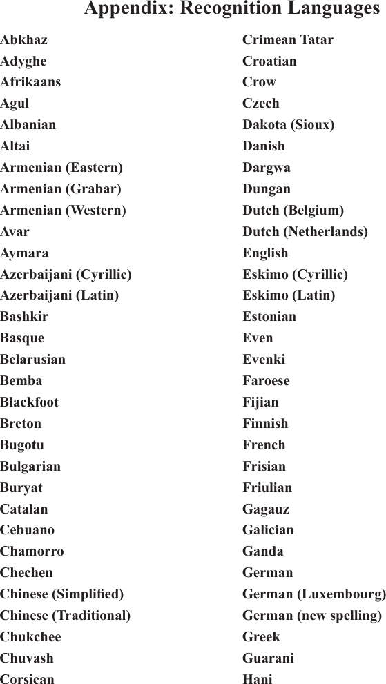 Appendix: Recognition Languages AbkhazAdygheAfrikaansAgulAlbanianAltaiArmenian (Eastern)Armenian (Grabar)Armenian (Western)AvarAymaraAzerbaijani (Cyrillic)Azerbaijani (Latin)BashkirBasqueBelarusianBembaBlackfootBretonBugotuBulgarianBuryatCatalanCebuanoChamorroChechenChinese (Simplied)Chinese (Traditional)ChukcheeChuvashCorsicanCrimean TatarCroatianCrowCzechDakota (Sioux)DanishDargwaDunganDutch (Belgium)Dutch (Netherlands)EnglishEskimo (Cyrillic)Eskimo (Latin)EstonianEvenEvenkiFaroeseFijianFinnishFrenchFrisianFriulianGagauzGalicianGandaGermanGerman (Luxembourg)German (new spelling)GreekGuaraniHani