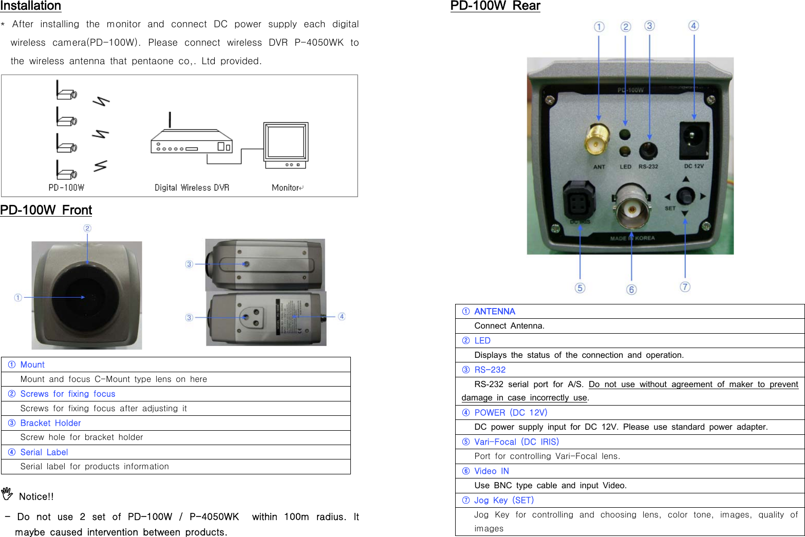 Installation* After installing the monitor and connect DC power supply each digitalwireless camera(PD-100W). Please connect wireless DVR P-4050WK tothe wireless antenna that pentaone co,. Ltd provided.PD-100W Front,Notice!!- Do not use 2 set of PD-100W / P-4050WK within 100m radius. Itmaybe caused intervention between products.PD-100W Rear①ANTENNAConnect Antenna.LED②Displays the status of the connection and operation.RS-232③RS-232 serial port for A/S. Do not use without agreement of maker to preventdamage in case incorrectly use.POWER (DC 12V)④DC power supply input for DC 12V. Please use standard power adapter.Vari-Focal (DC IRIS)⑤Port for controlling Vari-Focal lens.Video IN⑥Use BNC type cable and input Video.Jog Key (SET)⑦Jog Key for controlling and choosing lens, color tone, images, quality ofimagesMount①Mount and focus C-Mount type lens on hereScrews for fixing focus②ScrewsforfixingfocusafteradjustingitBracket Holder③Screw hole for bracket holderSerial Label④Serial label for products information