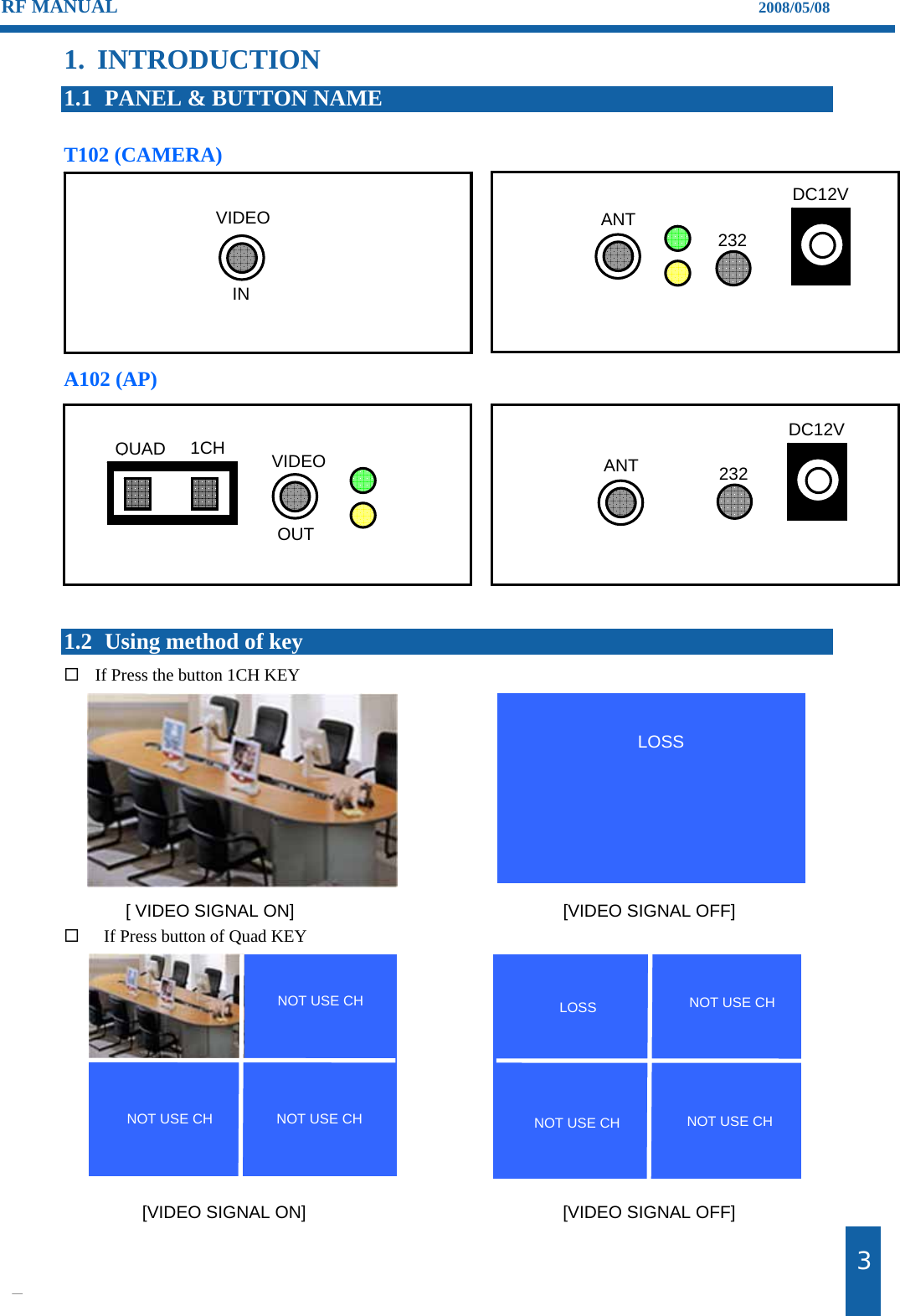                                                                    제3 RF MANUAL                                                                    2008/05/08 1. INTRODUCTION 1.1 PANEL &amp; BUTTON NAME  T102 (CAMERA)           A102 (AP)           1.2 Using method of key  If Press the button 1CH KEY                  If Press button of Quad KEY                 VIDEO IN DC12V232 ANTDC12V232 ANTQUAD  VIDEO OUT 1CH[ VIDEO SIGNAL ON]   [VIDEO SIGNAL OFF]  LOSS [VIDEO SIGNAL ON]  [VIDEO SIGNAL OFF]  NOT USE CH  NOT USE CH  NOT USE CH  NOT USE CH  NOT USE CH  NOT USE CH  LOSS 