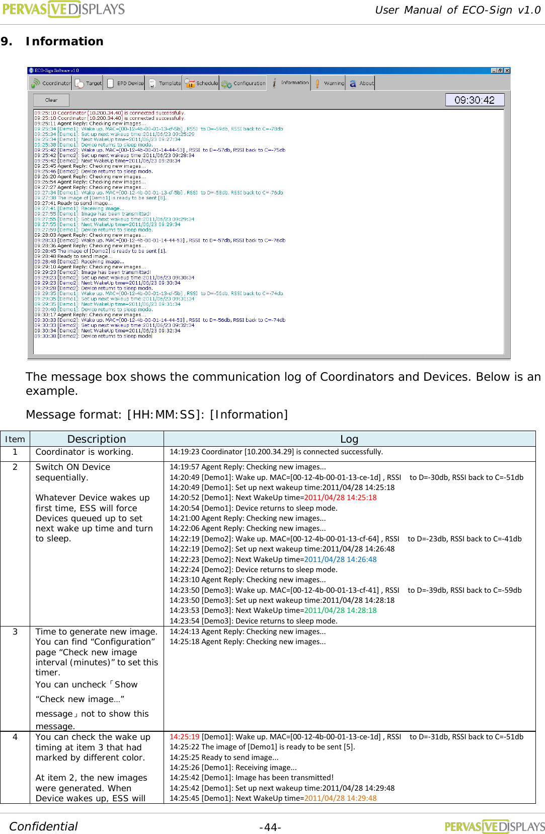 User Manual of ECO-Sign v1.0  -44- Confidential 9. Information  The message box shows the communication log of Coordinators and Devices. Below is an example.  Message format: [HH:MM:SS]: [Information] Item Description Log 1 Coordinator is working. 14:19:23 Coordinator [10.200.34.29] is connected successfully. 2 Switch ON Device sequentially.  Whatever Device wakes up first time, ESS will force Devices queued up to set next wake up time and turn to sleep. 14:19:57 Agent Reply: Checking new images... 14:20:49 [Demo1]: Wake up. MAC=[00-12-4b-00-01-13-ce-1d] , RSSI    to D=-30db, RSSI back to C=-51db 14:20:49 [Demo1]: Set up next wakeup time:2011/04/28 14:25:18 14:20:52 [Demo1]: Next WakeUp time=2011/04/28 14:25:18 14:20:54 [Demo1]: Device returns to sleep mode. 14:21:00 Agent Reply: Checking new images... 14:22:06 Agent Reply: Checking new images... 14:22:19 [Demo2]: Wake up. MAC=[00-12-4b-00-01-13-cf-64] , RSSI    to D=-23db, RSSI back to C=-41db 14:22:19 [Demo2]: Set up next wakeup time:2011/04/28 14:26:48 14:22:23 [Demo2]: Next WakeUp time=2011/04/28 14:26:48 14:22:24 [Demo2]: Device returns to sleep mode. 14:23:10 Agent Reply: Checking new images... 14:23:50 [Demo3]: Wake up. MAC=[00-12-4b-00-01-13-cf-41] , RSSI    to D=-39db, RSSI back to C=-59db 14:23:50 [Demo3]: Set up next wakeup time:2011/04/28 14:28:18 14:23:53 [Demo3]: Next WakeUp time=2011/04/28 14:28:18 14:23:54 [Demo3]: Device returns to sleep mode. 3 Time to generate new image. You can find “Configuration” page “Check new image interval (minutes)” to set this timer. You can uncheck「Show “Check new image…” message」not to show this message. 14:24:13 Agent Reply: Checking new images... 14:25:18 Agent Reply: Checking new images...  4 You can check the wake up timing at item 3 that had marked by different color.  At item 2, the new images were generated. When Device wakes up, ESS will 14:25:19 [Demo1]: Wake up. MAC=[00-12-4b-00-01-13-ce-1d] , RSSI    to D=-31db, RSSI back to C=-51db 14:25:22 The image of [Demo1] is ready to be sent [5]. 14:25:25 Ready to send image... 14:25:26 [Demo1]: Receiving image... 14:25:42 [Demo1]: Image has been transmitted! 14:25:42 [Demo1]: Set up next wakeup time:2011/04/28 14:29:48 14:25:45 [Demo1]: Next WakeUp time=2011/04/28 14:29:48 