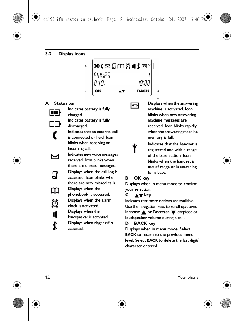 12 Your phone3.3 Display iconsAStatus barIndicates battery is fully charged.Indicates battery is fully discharged.Indicates that an external call is connected or held. Icon blinks when receiving an incoming call.Indicates new voice messages received. Icon blinks when there are unread messages. Displays when the call log is accessed. Icon blinks when there are new missed calls.Displays when the phonebook is accessed.Displays when the alarm clock is activated.Displays when the loudspeaker is activated.Displays when ringer off is activated.Displays when the answering machine is activated. Icon blinks when new answering machine messages are received. Icon blinks rapidly when the answering machine memory is full.Indicates that the handset is registered and within range of the base station. Icon blinks when the handset is out of range or is searching for a base.BOK keyDisplays when in menu mode to confirm your selection.C  keyIndicates that more options are available. Use the navigation keys to scroll up/down. Increase   or Decrease   earpiece or loudspeaker volume during a call.   D BACK keyDisplays when in menu mode. Select BACK to return to the previous menu level. Select BACK to delete the last digit/character entered.cd155_ifu_master_en_us.book  Page 12  Wednesday, October 24, 2007  6:46 PM