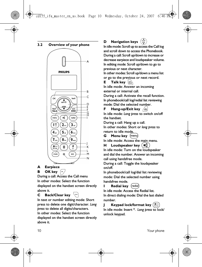 10 Your phone3.2 Overview of your phoneAEarpieceB OK key During a call: Access the Call menu In other modes: Select the function displayed on the handset screen directly above it.C Back/Clear key In text or number editing mode: Short press to delete one digit/character. Long press to delete all digits/characters.In other modes: Select the function displayed on the handset screen directly above it.D Navigation keys In idle mode: Scroll up to access the Call log and scroll down to access the Phonebook.During a call: Scroll up/down to increase or decrease earpiece and loudspeaker volume.In editing mode: Scroll up/down to go to previous or next character.In other modes: Scroll up/down a menu list or go to the previous or next record.ETalk key In idle mode: Answer an incoming external or internal call.During a call: Activate the recall function.In phonebook/call log/redial list reviewing mode: Dial the selected number.F Hang-up/Exit key In idle mode: Long press to switch on/off the handset.During a call: Hang up a call.In other modes: Short or long press to return to idle mode. G Menu key In idle mode: Access the main menu.H Loudspeaker key In idle mode: Turn on the loudspeaker and dial the number. Answer an incoming call using handsfree mode. During a call: Toggle the loudspeakeron/off.In phonebook/call log/dial list reviewing mode: Dial the selected number using handsfree mode.I Redial key In idle mode: Access the Redial list.In direct dialing mode: Dial the last dialed number.J Keypad lock/format keyIn idle mode: Insert *. Long press to lock/unlock keypad.&lt;c:remvl*cd155_ifu_master_en_us.book  Page 10  Wednesday, October 24, 2007  6:46 PM