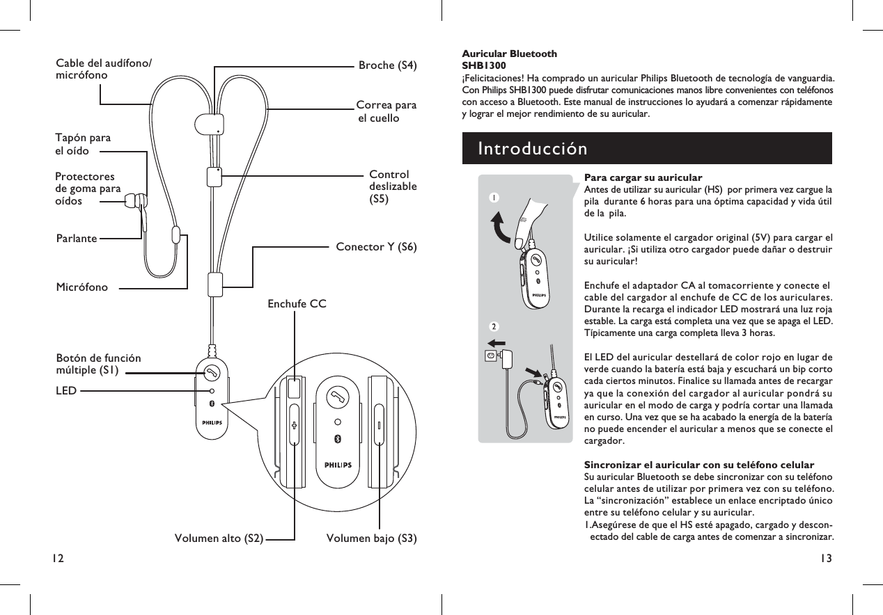13ParlanteBotón de funciónmúltiple (S1)Volumen alto (S2) Volumen bajo (S3)LEDEnchufe CCMicrófonoCable del audífono/micrófonoCorrea parael cuelloBroche (S4)Controldeslizable(S5)Conector Y (S6)Tapón parael oídoProtectoresde goma paraoídos12Introducci nóAuricular BluetoothSHB1300¡Felicitaciones! Ha comprado un auricular Philips Bluetooth de tecnología de vanguardia.Con Philips SHB1300 puede disfrutar comunicaciones manos libre convenientes con teléfonoscon acceso a Bluetooth. Este manual de instrucciones lo ayudará a comenzar rápidamentey lograr el mejor rendimiento de su auricular.Para cargar su auricularAntes de utilizar su auricular (HS) por primera vez cargue lapila durante 6 horas para una óptima capacidad y vida útilde la pila.Utilice solamente el cargador original (5V) para cargar elauricular. ¡Si utiliza otro cargador puede dañar o destruirsu auricular!Enchufe el adaptador CA al tomacorriente y conecte elcable del cargador al enchufe de CC de los auriculares.Durante la recarga el indicador LED mostrará una luz rojaestable. La carga está completa una vez que se apaga el LED.Típicamente una carga completa lleva 3 horas.El LED del auricular destellará de color rojo en lugar deverde cuando la batería está baja y escuchará un bip cortocada ciertos minutos. Finalice su llamada antes de recargarya que la conexión del cargador al auricular pondrá suauricular en el modo de carga y podría cortar una llamadaen curso. Una vez que se ha acabado la energía de la bateríano puede encender el auricular a menos que se conecte elcargador.Sincronizar el auricular con su teléfono celularSu auricular Bluetooth se debe sincronizar con su teléfonocelular antes de utilizar por primera vez con su teléfono.La “sincronización” establece un enlace encriptado únicoentre su teléfono celular y su auricular.1.Asegúrese de que el HS esté apagado, cargado y descon-ectado del cable de carga antes de comenzar a sincronizar.