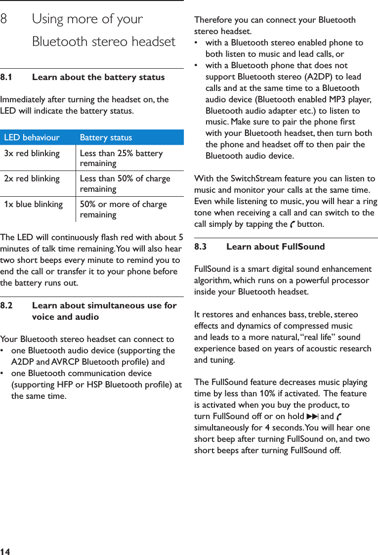 148      Using more of your Bluetooth stereo headset8.1     Learn about the battery statusImmediately after turning the headset on, the LED will indicate the battery status.LED behaviour Battery status3x red blinking Less than 25% battery remaining2x red blinking Less than 50% of charge remaining1x blue blinking 50% or more of charge remainingThe LED will continuously ﬂash red with about 5 minutes of talk time remaining. You will also hear two short beeps every minute to remind you to end the call or transfer it to your phone before the battery runs out.8.2     Learn about simultaneous use for voice and audioYour Bluetooth stereo headset can connect to•  one Bluetooth audio device (supporting the A2DP and AVRCP Bluetooth proﬁle) and•  one Bluetooth communication device (supporting HFP or HSP Bluetooth proﬁle) at the same time.Therefore you can connect your Bluetooth stereo headset. •  with a Bluetooth stereo enabled phone to both listen to music and lead calls, or•  with a Bluetooth phone that does not support Bluetooth stereo (A2DP) to lead calls and at the same time to a Bluetooth audio device (Bluetooth enabled MP3 player, Bluetooth audio adapter etc.) to listen to music. Make sure to pair the phone ﬁrst with your Bluetooth headset, then turn both the phone and headset off to then pair the Bluetooth audio device.With the SwitchStream feature you can listen to music and monitor your calls at the same time. Even while listening to music, you will hear a ring tone when receiving a call and can switch to the call simply by tapping the button.8.3     Learn about FullSoundFullSound is a smart digital sound enhancement algorithm, which runs on a powerful processor inside your Bluetooth headset. It restores and enhances bass, treble, stereo effects and dynamics of compressed music and leads to a more natural, “real life” sound experience based on years of acoustic research and tuning.The FullSound feature decreases music playing time by less than 10% if activated.  The feature is activated when you buy the product, to turn FullSound off or on hold     andsimultaneously for 4 seconds. You will hear one short beep after turning FullSound on, and two short beeps after turning FullSound off.