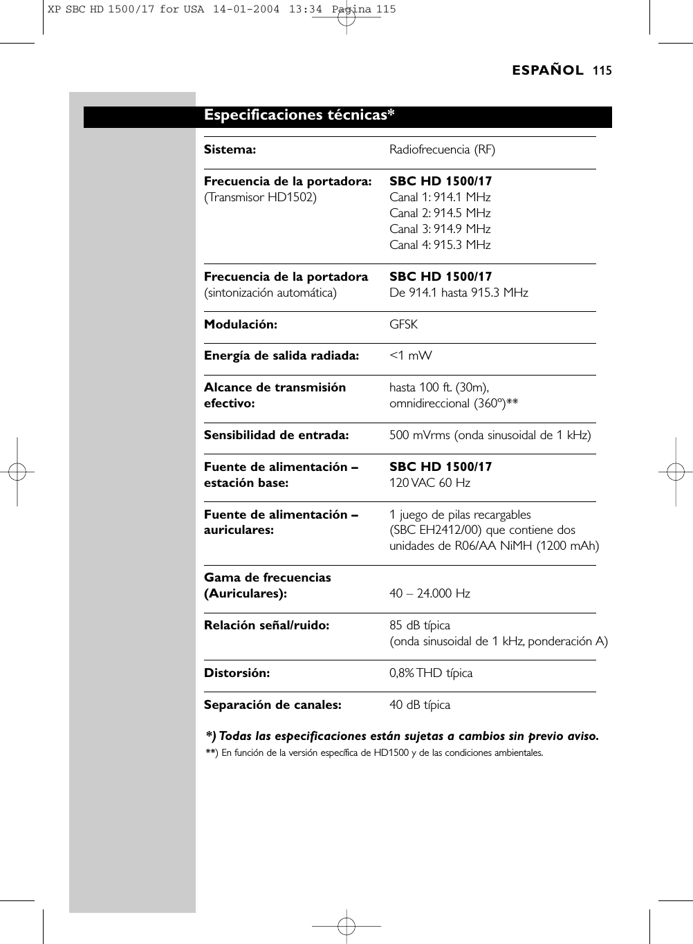 Especificaciones técnicas*Sistema: Radiofrecuencia (RF)Frecuencia de la portadora: SBC HD 1500/17(Transmisor HD1502)  Canal 1: 914.1 MHzCanal 2: 914.5 MHzCanal 3: 914.9 MHzCanal 4: 915.3 MHzFrecuencia de la portadora  SBC HD 1500/17(sintonización automática)  De 914.1 hasta 915.3 MHzModulación: GFSKEnergía de salida radiada: &lt;1 mWAlcance de transmisión  hasta 100 ft. (30m),efectivo: omnidireccional (360º)**Sensibilidad de entrada: 500 mVrms (onda sinusoidal de 1 kHz)Fuente de alimentación –  SBC HD 1500/17 estación base: 120 VAC 60 HzFuente de alimentación – 1 juego de pilas recargablesauriculares: (SBC EH2412/00) que contiene dosunidades de R06/AA NiMH (1200 mAh)Gama de frecuencias (Auriculares): 40 – 24.000 HzRelación señal/ruido: 85 dB típica (onda sinusoidal de 1 kHz, ponderación A)Distorsión: 0,8% THD  típicaSeparación de canales: 40 dB típica*) Todas las especificaciones están sujetas a cambios sin previo aviso.**) En función de la versión específica de HD1500 y de las condiciones ambientales.ESPAÑOL 115XP SBC HD 1500/17 for USA  14-01-2004  13:34  Pagina 115