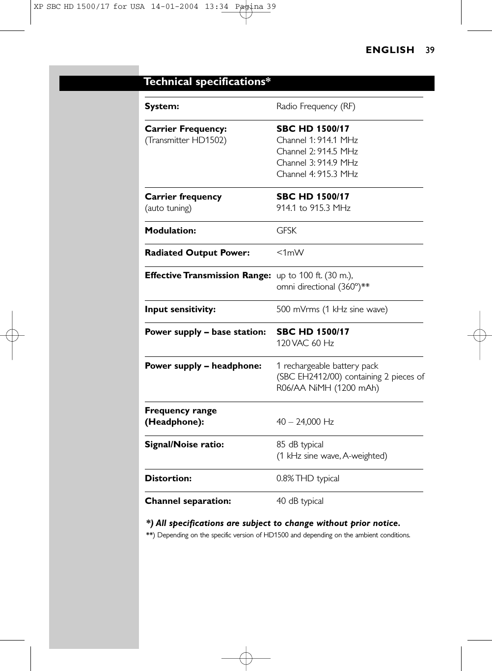 Technical specifications*System: Radio Frequency (RF)Carrier Frequency: SBC HD 1500/17(Transmitter HD1502) Channel 1: 914.1 MHzChannel 2: 914.5 MHzChannel 3: 914.9 MHzChannel 4: 915.3 MHzCarrier frequency  SBC HD 1500/17(auto tuning) 914.1 to 915.3 MHzModulation: GFSKRadiated Output Power: &lt;1mWEffective Transmission  Range: up to 100 ft. (30 m.),omni directional (360º)**Input sensitivity: 500 mVrms (1 kHz sine wave)Power supply – base station: SBC HD 1500/17120 VAC 60 HzPower supply – headphone: 1 rechargeable battery pack (SBC EH2412/00) containing 2 pieces ofR06/AA NiMH (1200 mAh)Frequency range (Headphone): 40 – 24,000 HzSignal/Noise ratio: 85 dB typical (1 kHz sine wave, A-weighted)Distortion: 0.8% THD  typicalChannel separation: 40 dB typical *) All specifications are subject to change without prior notice.**) Depending on the specific version of HD1500 and depending on the ambient conditions.ENGLISH 39XP SBC HD 1500/17 for USA  14-01-2004  13:34  Pagina 39